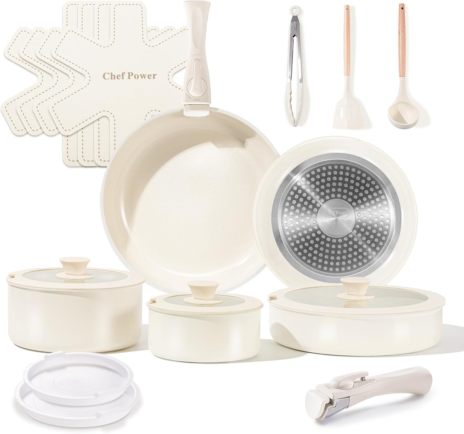 Chef Power Ceramic Cookware Set Non Toxic with Detachable Handles, Healthy Nonstick Pans and Pots Set 19 Pcs, Induction Dishwasher Oven Safe Kitchen Set, PFAS PFOA & PTFE Free, Cream White - Image 2
