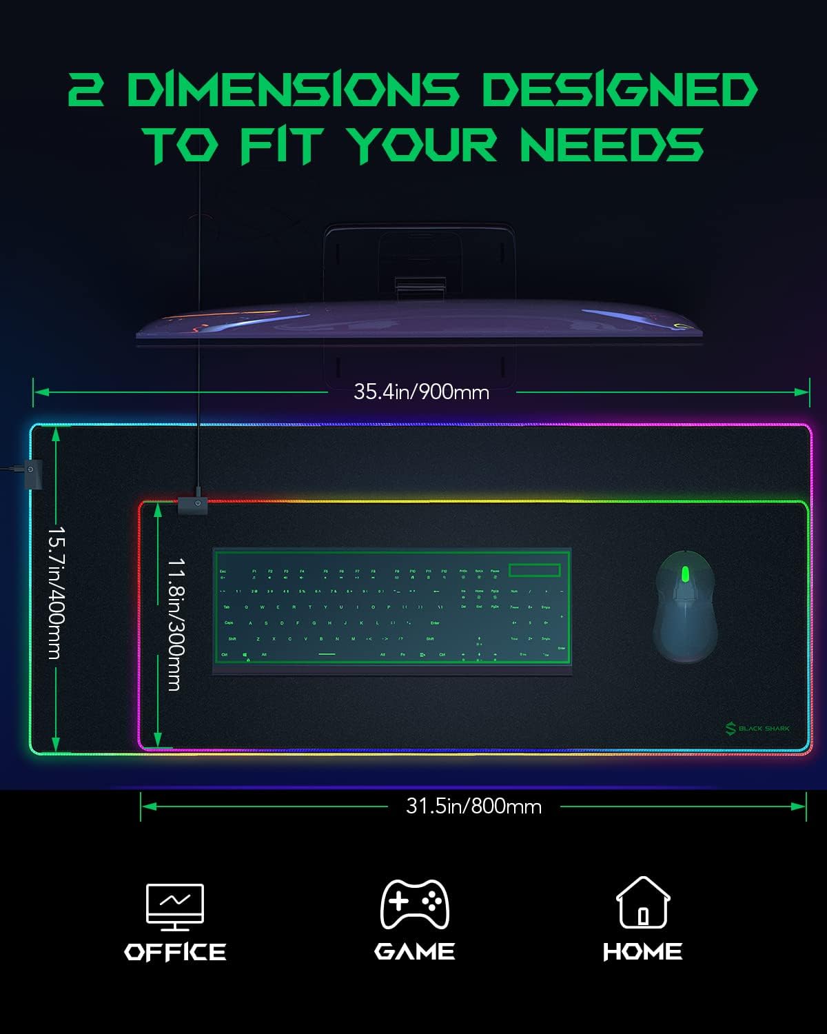 Black Shark RGB Mouse Pad 35.4"x15.75"x0.15" Extended Desk Mat with Smooth Surface and 11 Lighting Effects, Desk Pad with Anti-Fray Stitched Edges and Non-Slip Rubber Base, Gaming Mouse Pad Manta P7 - Image 4
