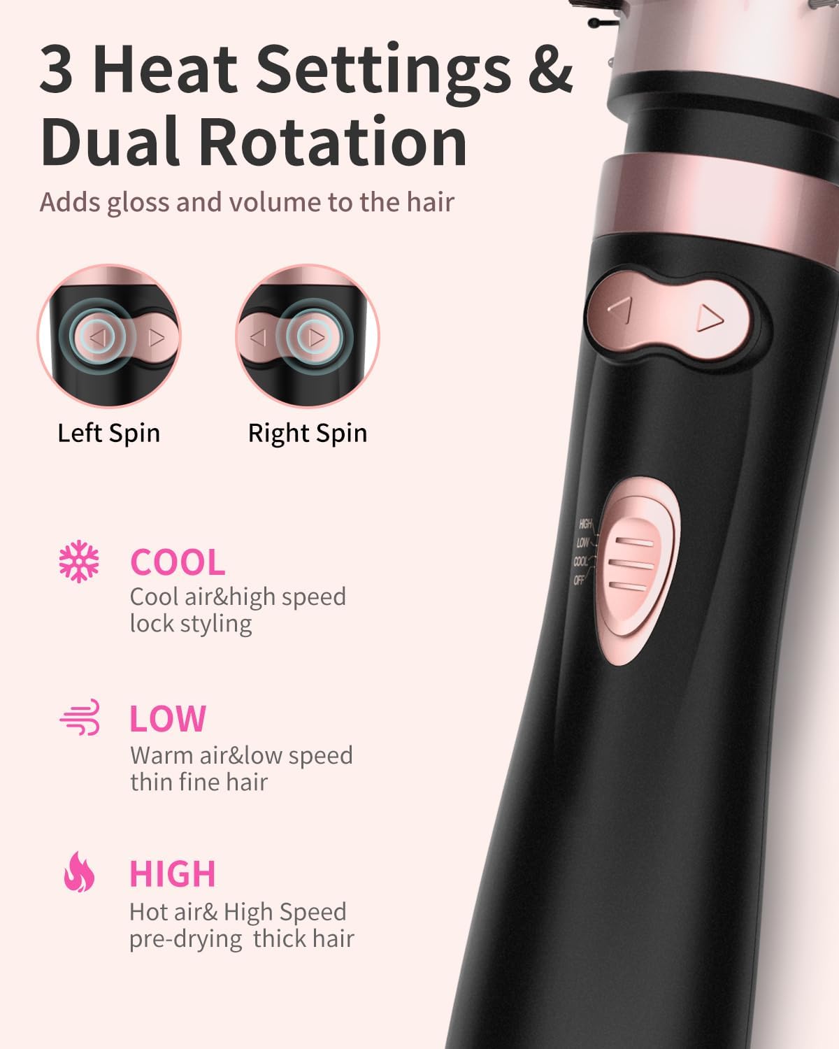 Rotating Hair Dryer Brush Spinning, 4-in-1 Blow Dryer Brush with 2 Inch&1.5 Inch Brush Attachements, Round Hot Air Brush for Hair Smooth/Volume/C-Curls - Image 7