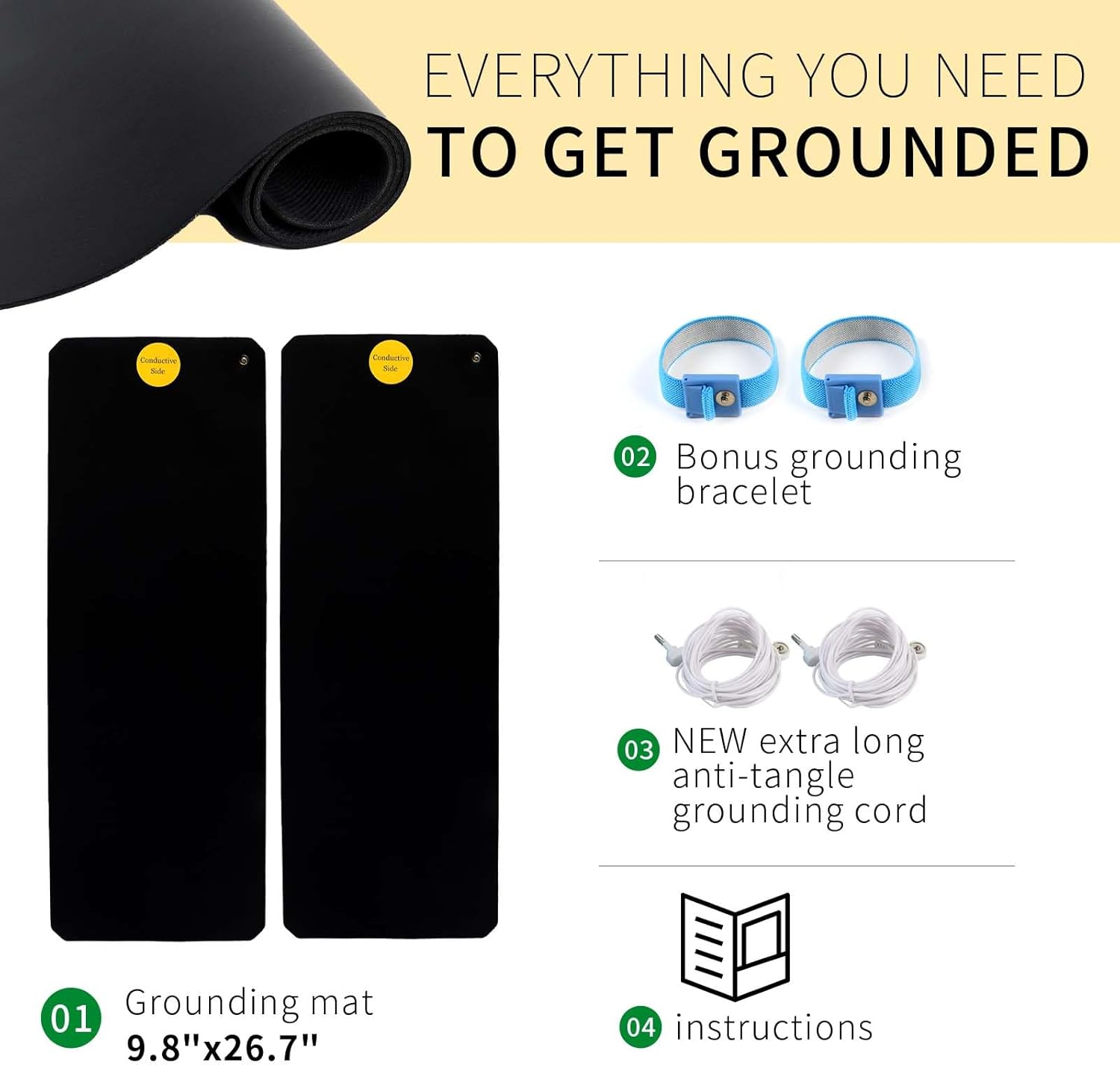 LandKissing® Grounding Mats 26.7" x9.8” (2Pack), Grounding Pads Lower Inflammation, Reduce Stress,Groundingwell Mat for Bed. Benefit Earth Grounding Therapy with 2 Grounding Band and 2 Straight Cords - Image 8