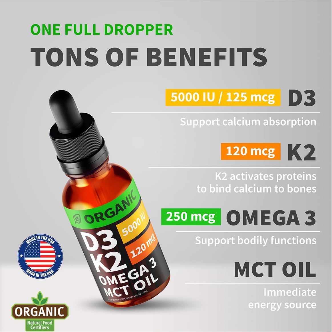 (2 Pack) Organic Vitamin D3 K2 Drops with MCT Oil, Omega 3, 5000 IU - Vitamin D Liquid, No Fillers, Non-GMO D3 for Body’s Defenses and Faster Absorption, Unflavored, 2 Fl Oz - Image 4