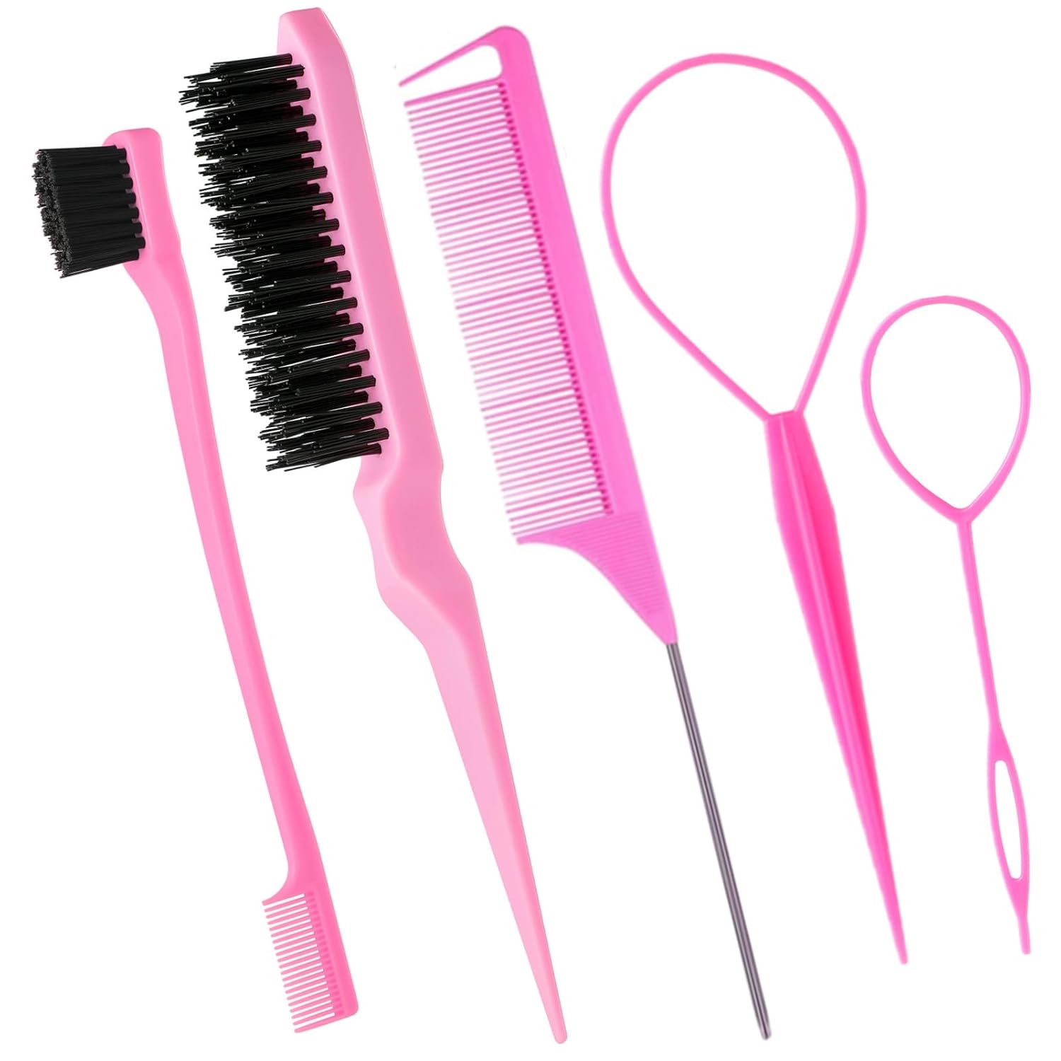 5Pcs Slick Back Brush Set with Topsy Tail Tool, Teasing Bristle, Rat Comb for Women & Girls Hair Styling, Flyaways Control and Edge Combing - Pink - Image 2
