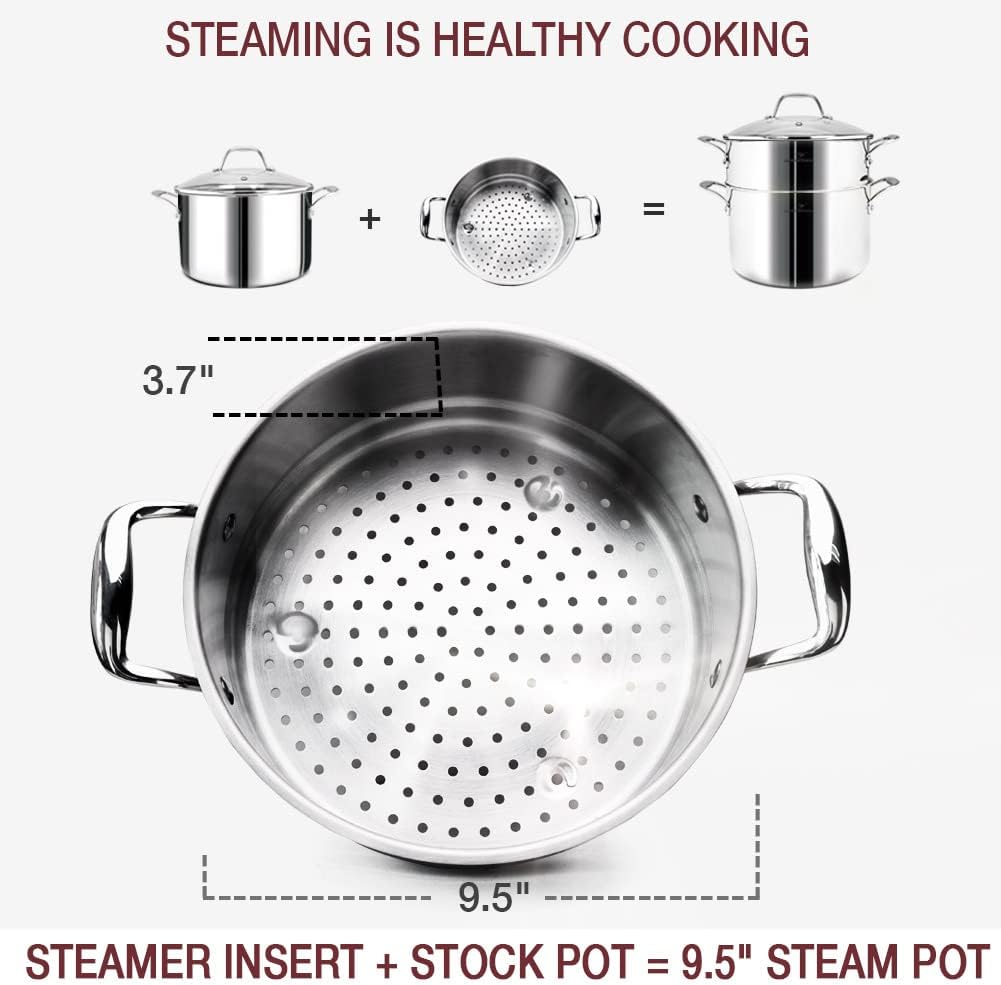HOMICHEF 14-Piece Nickel Free Stainless Steel Cookware Set Whole-Clad 3-Ply - Mirror Polished Pots And Pans Set - Healthy Cookware Set With Steamer - Non-Toxic Induction Cookware Sets - Image 5