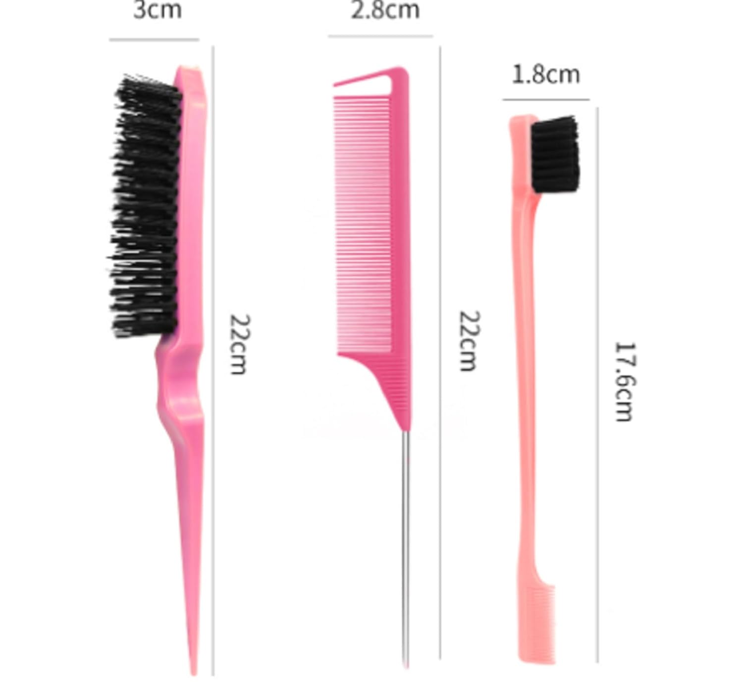 Pink,Set 3 Pcs. slick back hair brush with Edge Brush, styling comb for kids for middle part,Rat Tail Comb, Teasing Brush Set for Smoothing brush Baby Hair - Image 3