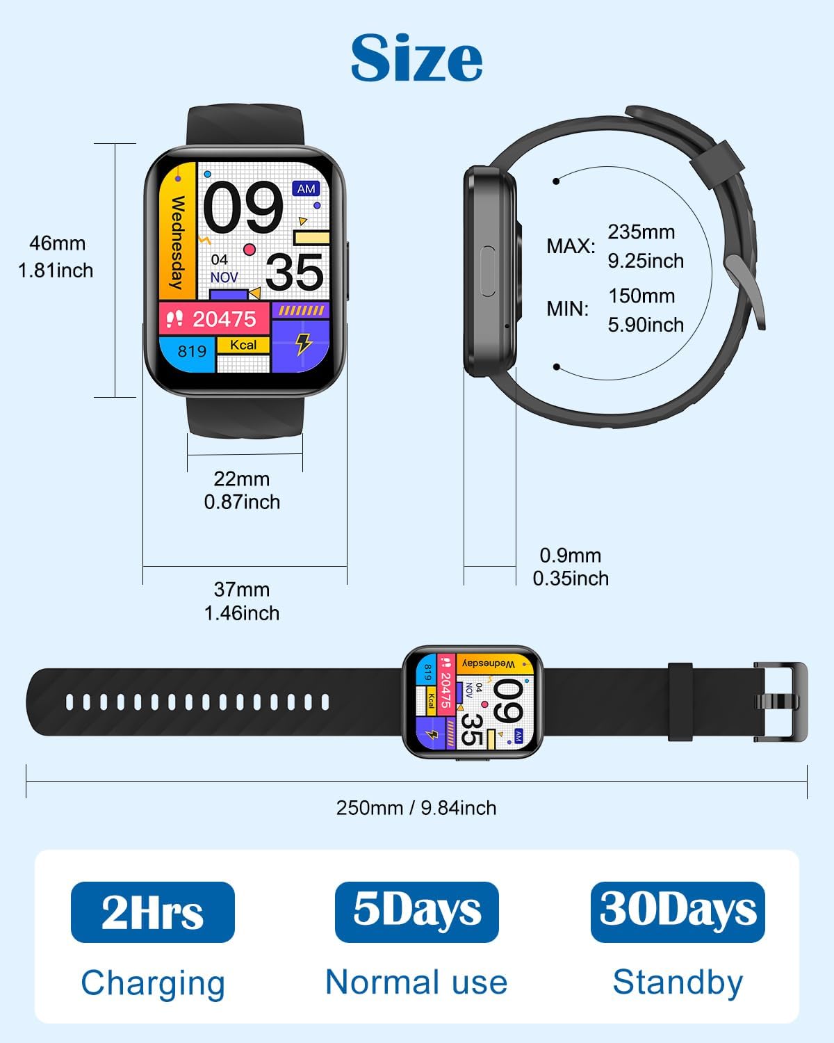 RUIMEN Smart Watches for Men Women (Answer/Make Calls) Compatible with iPhone/Android Phones, 1.85" HD Screen Fitness Tracker Heart Rate Monitor 100+ Sports Tracker Watch Waterproof (Black) - Image 8
