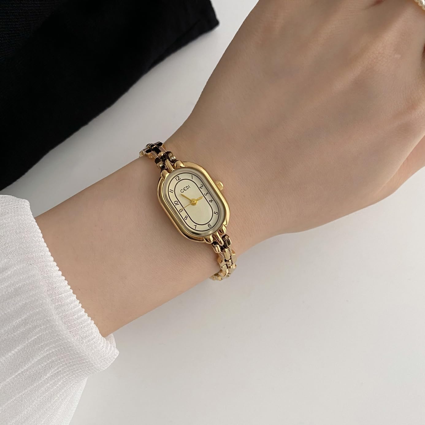 FANMIS Women's Vintage Oval Watches Luxury Minimalism Bracelet Small Gold Watch Ladies Analog Waterproof Watch Fashion Bangle Bracelet Dress Watch with Stainless Steel Band - Image 4