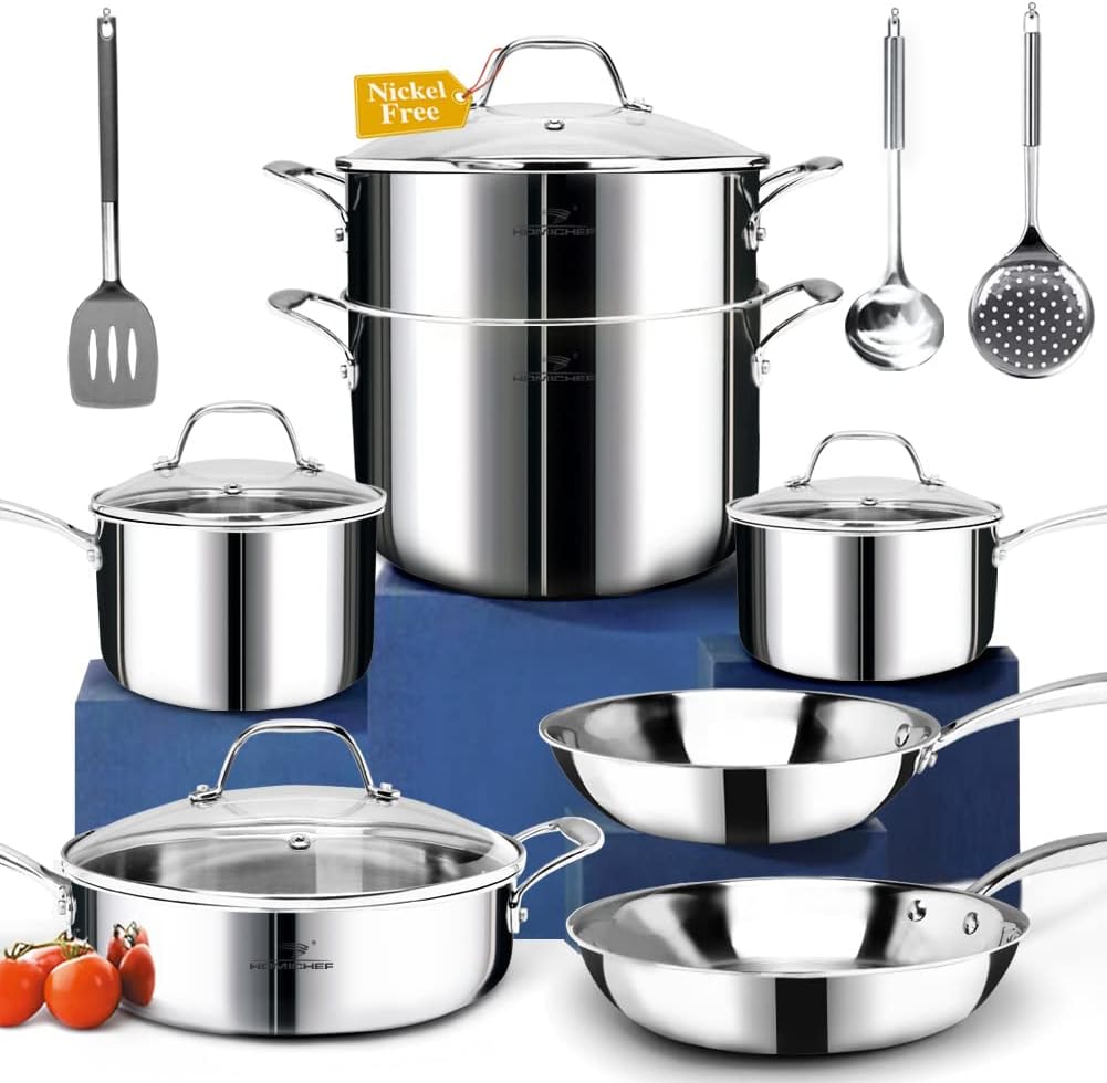HOMICHEF 14-Piece Nickel Free Stainless Steel Cookware Set Whole-Clad 3-Ply - Mirror Polished Pots And Pans Set - Healthy Cookware Set With Steamer - Non-Toxic Induction Cookware Sets - Image 8