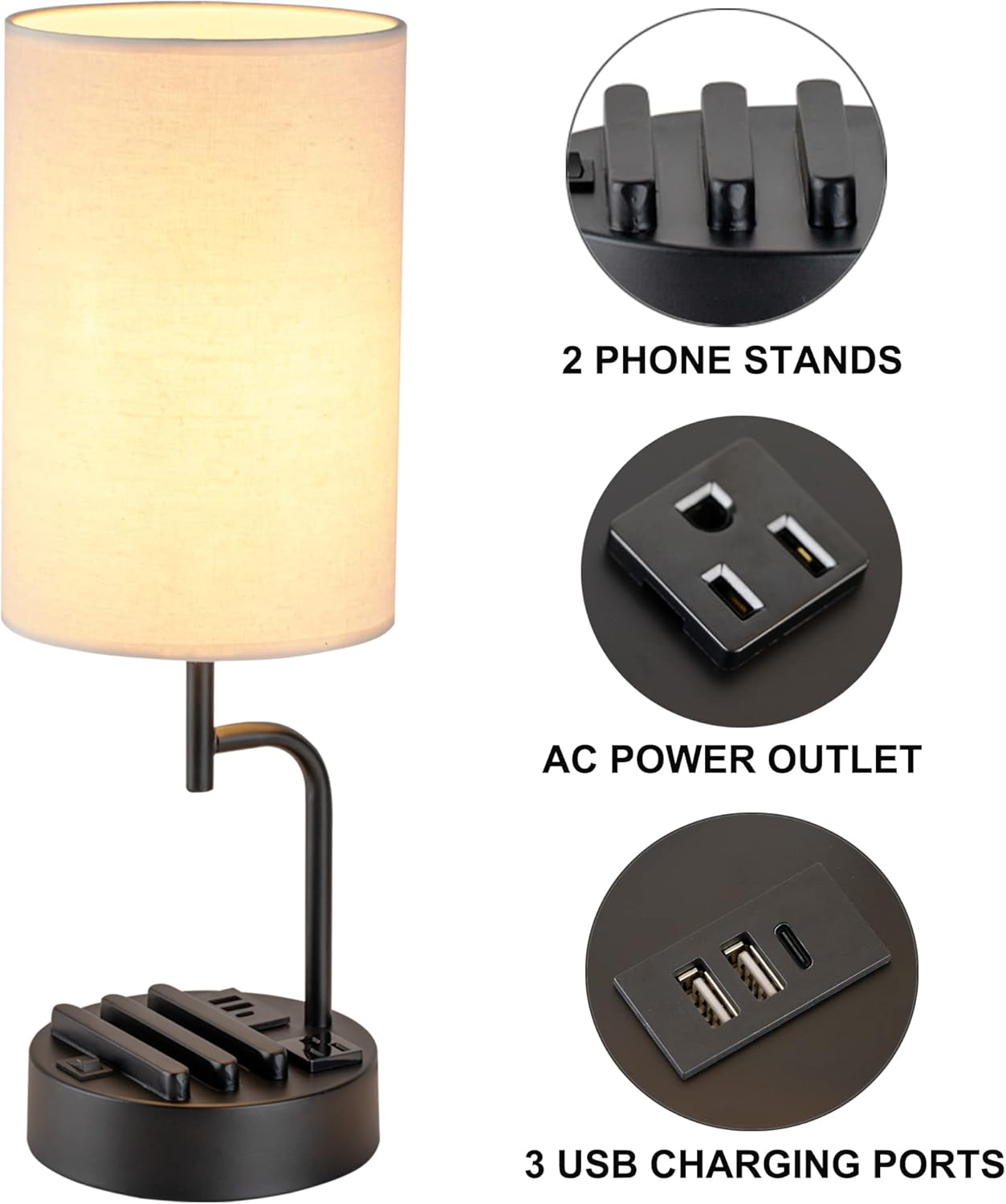 Dreamholder Table Lamp with 3 USB Charging Ports, Modern Desk Lamp with AC Outlet and Phone Stands, Perfect Bedside Lamp for Bedroom, Living Room, Office (Pack of 2), Cream - Image 3