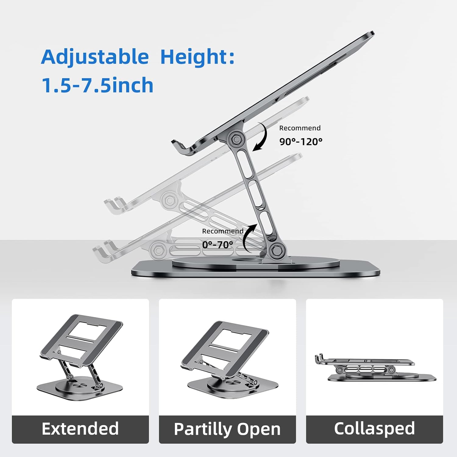 Laptop Stand, Adjustable Computer Stand, Ergonomic Laptop Riser with 360° Rotating Base, Notebook Stand Compatible with All 10-17” Laptops, Space Grey - Image 4