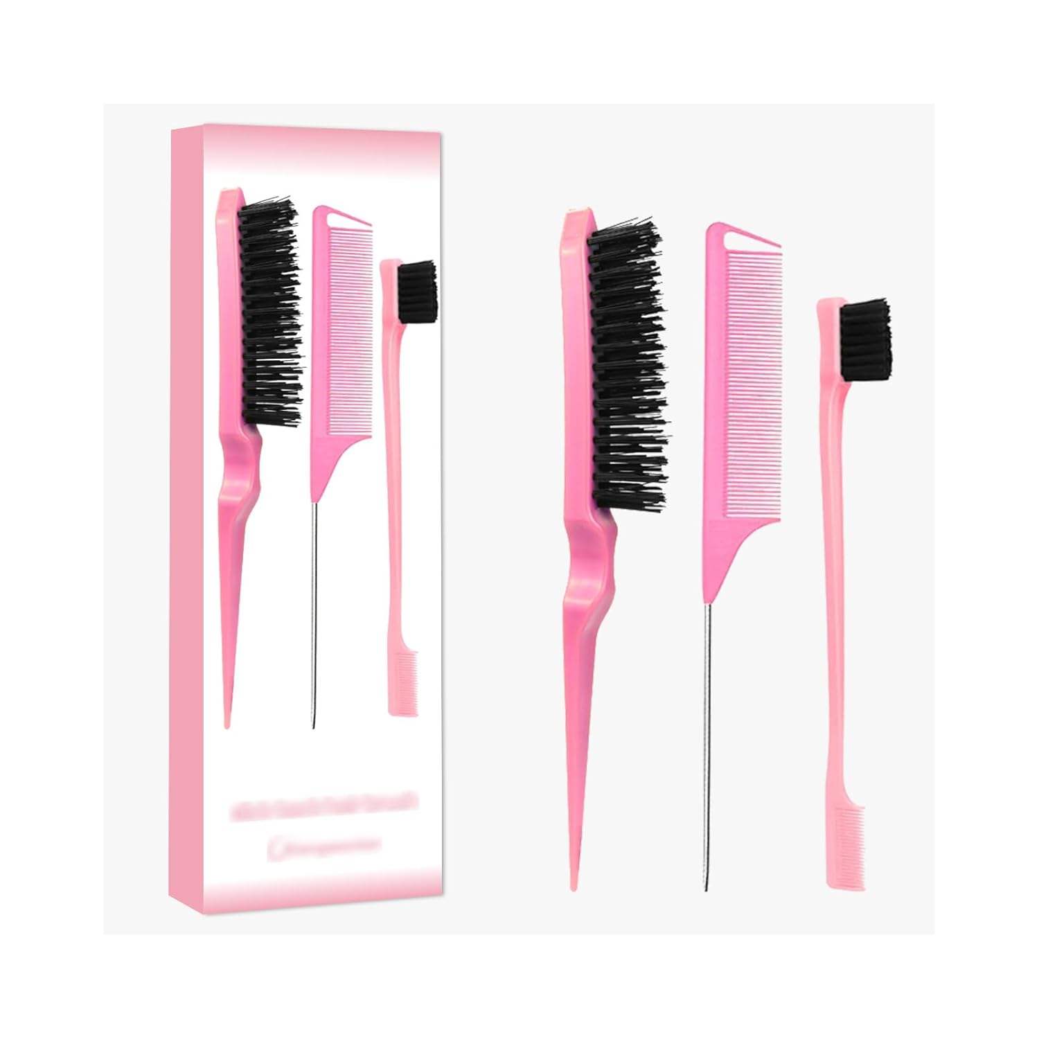 Pink Comb Set 3 piece, slick back hair brush,Slick Back Brush with Edge Brush, styling comb for kids for middle part,Rat Tail Comb, Teasing Brush Set for Smoothing brush Baby Hair - Image 2