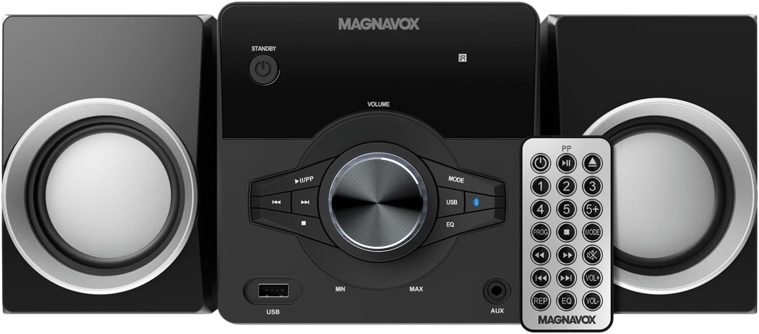 Magnavox MM442 3-Piece Top Loading CD Shelf System with Digital PLL FM Stereo Radio, Bluetooth Wireless Technology, and Remote Control in Black | Blue Lights | LED Display | AUX Port Compatible | - Image 2