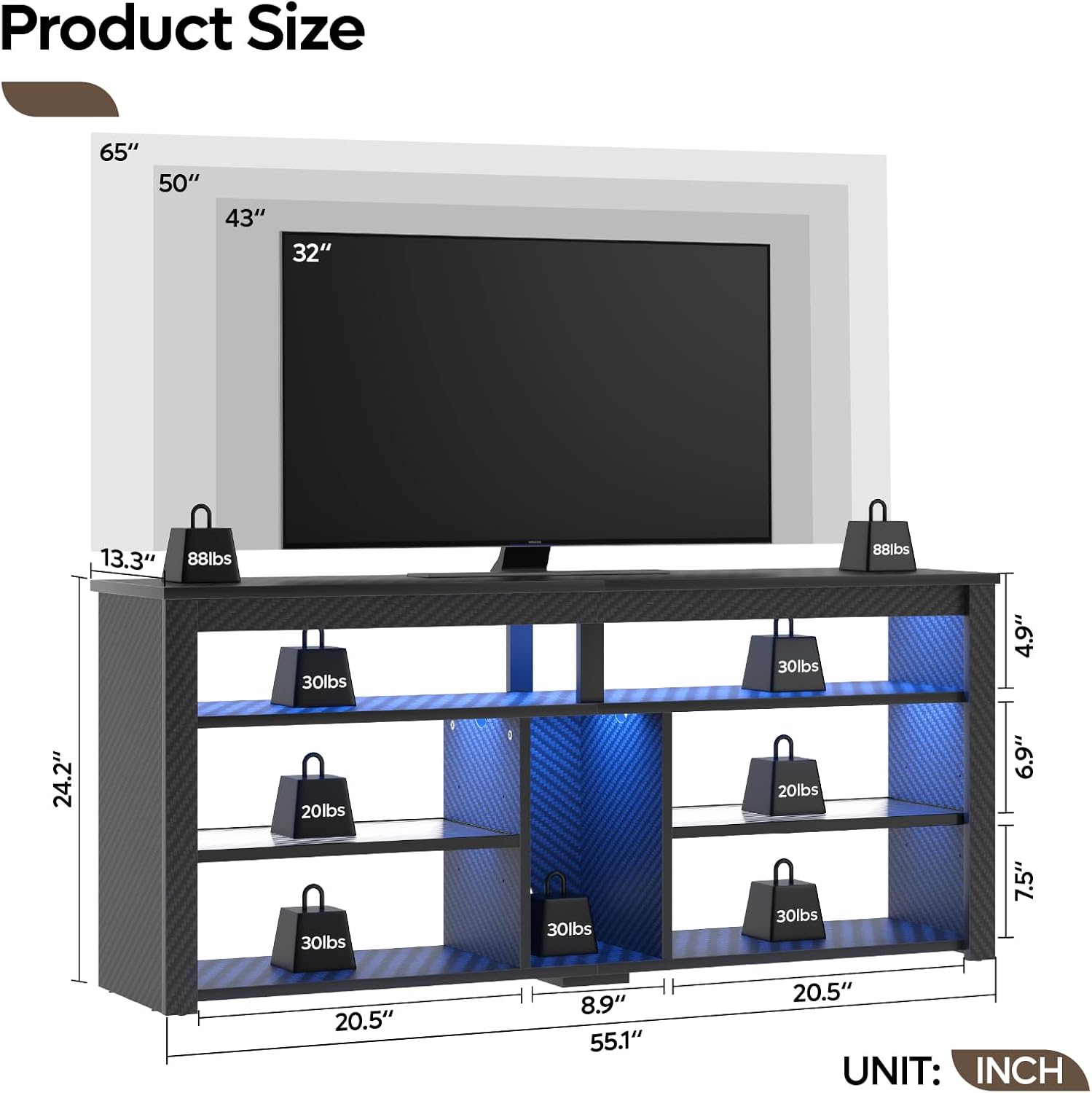 Bestier LED Tall TV Stand, Entertainment Center for 55/60/65 Inch, Gaming Console With Storage for PS4, Adjustable Shelf Modern High Cabinet for Living Room Bedroom, Carbon Fiber Black - Image 3