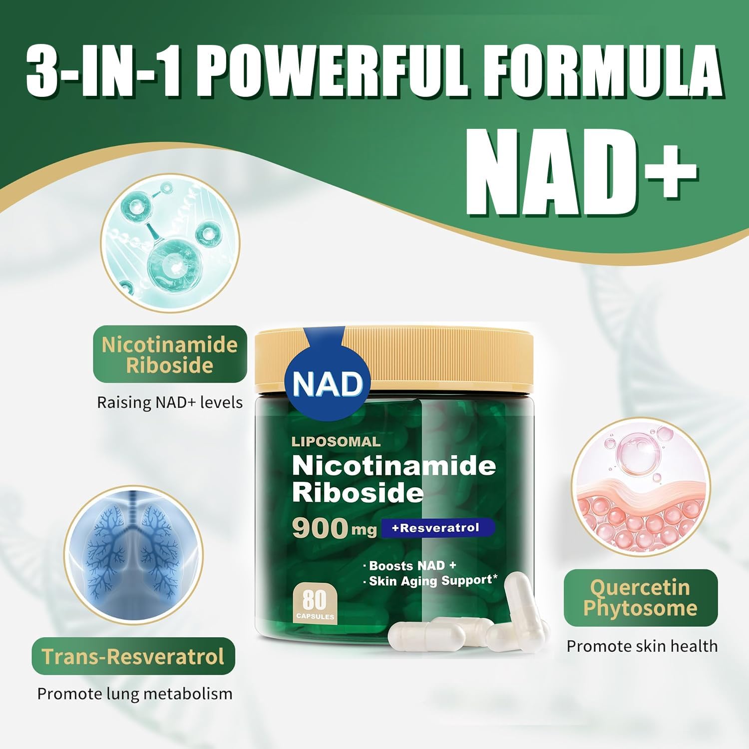 NAD+ Supplement, Liposomal Nicotinamide Riboside, Resveratrol Quercetin, NMN Supplement Alternative for Anti-Aging, Energy, Focus, for Women and Men, 80 Capsules - Image 4