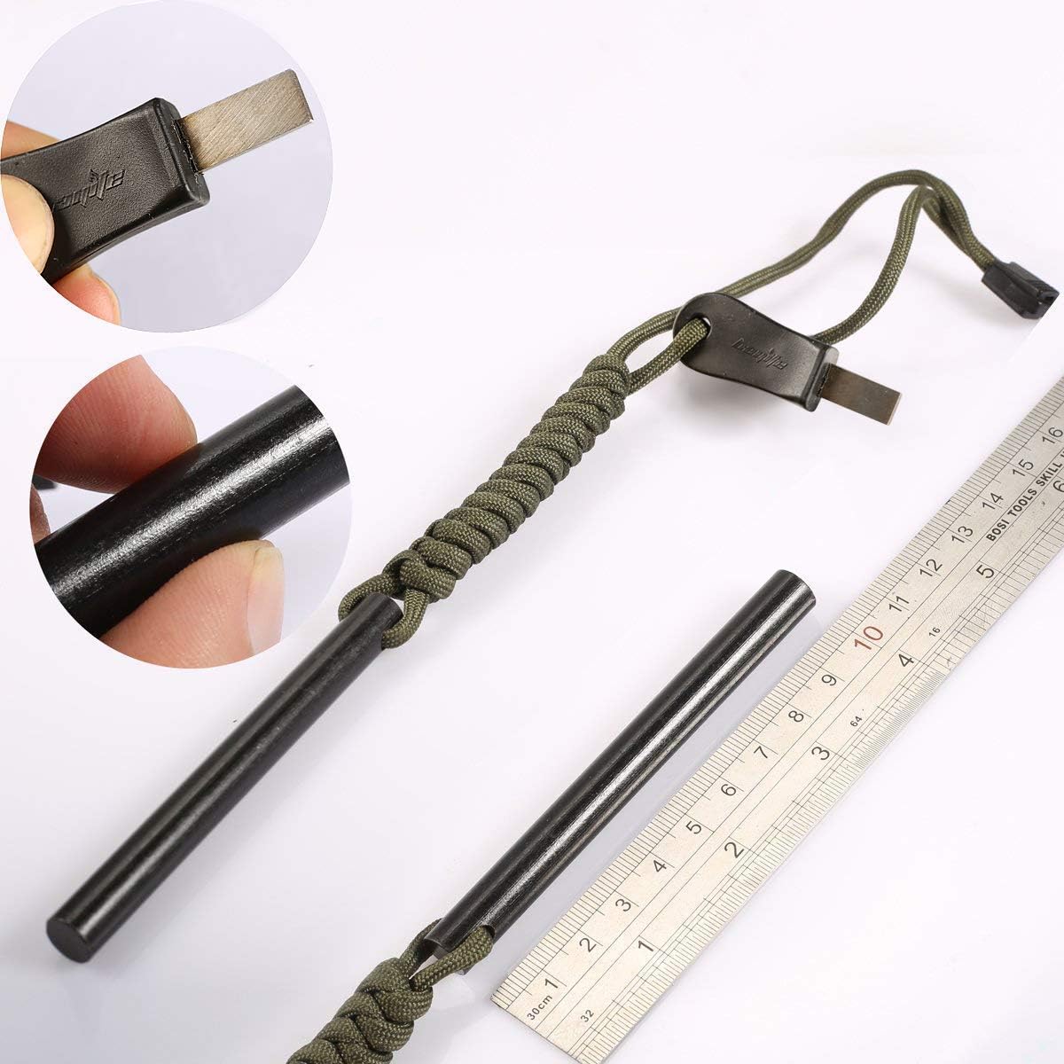 bayite 4 Inch Survival Ferrocerium Drilled Flint Fire Starter, Ferro Rod Kit with Paracord Landyard Handle and Striker, 4"(Long) x 3/8"(Diameter) - Image 6