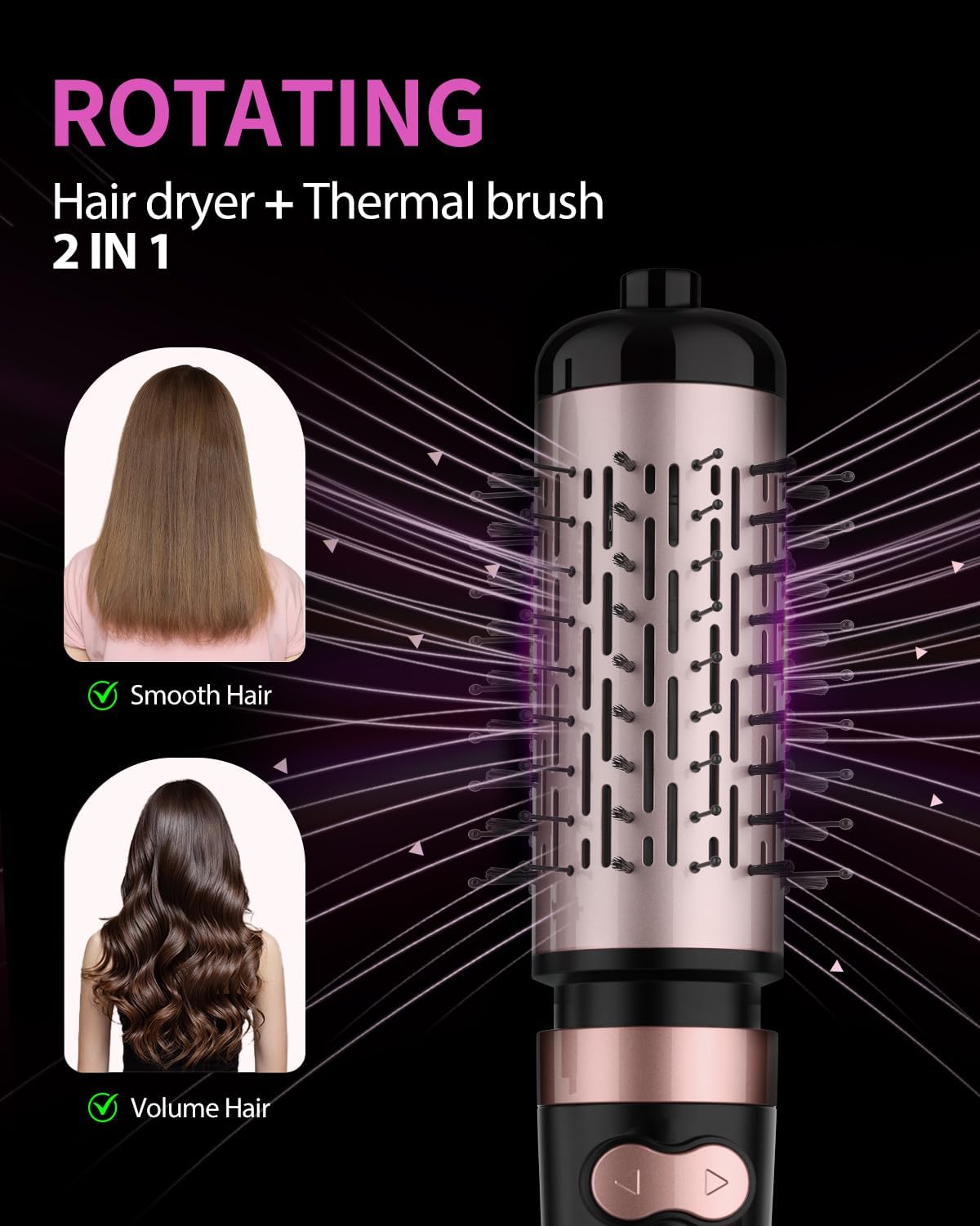 Rotating Hair Dryer Brush Spinning, 4-in-1 Blow Dryer Brush with 2 Inch&1.5 Inch Brush Attachements, Round Hot Air Brush for Hair Smooth/Volume/C-Curls - Image 5