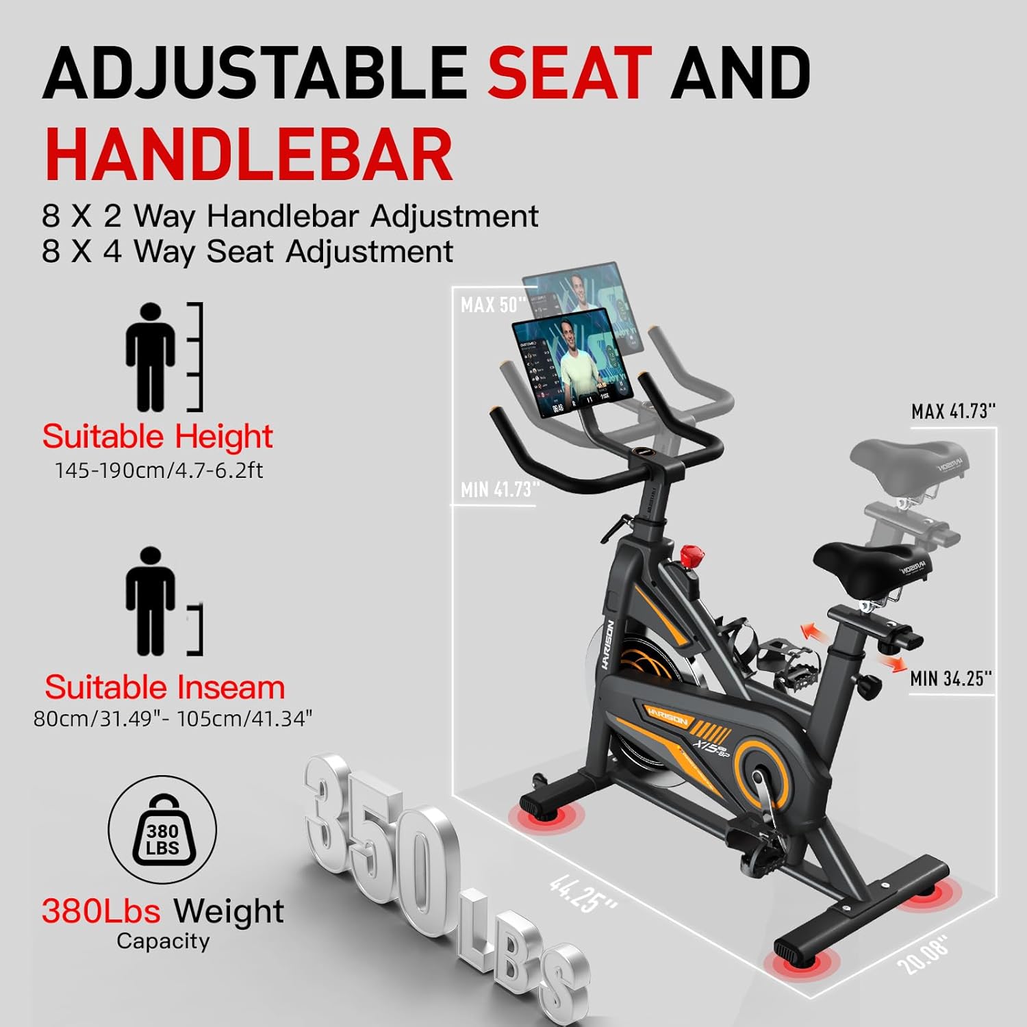 HARISON Exercise Bike, Stationary Bike for Home 350 lb Weight Capacity, Magnetic Workout Bike with Bluetooth App, Brake Pad Indoor Cycling Bike with Tablet Mount & Comfortable Seat Cushion - Image 4