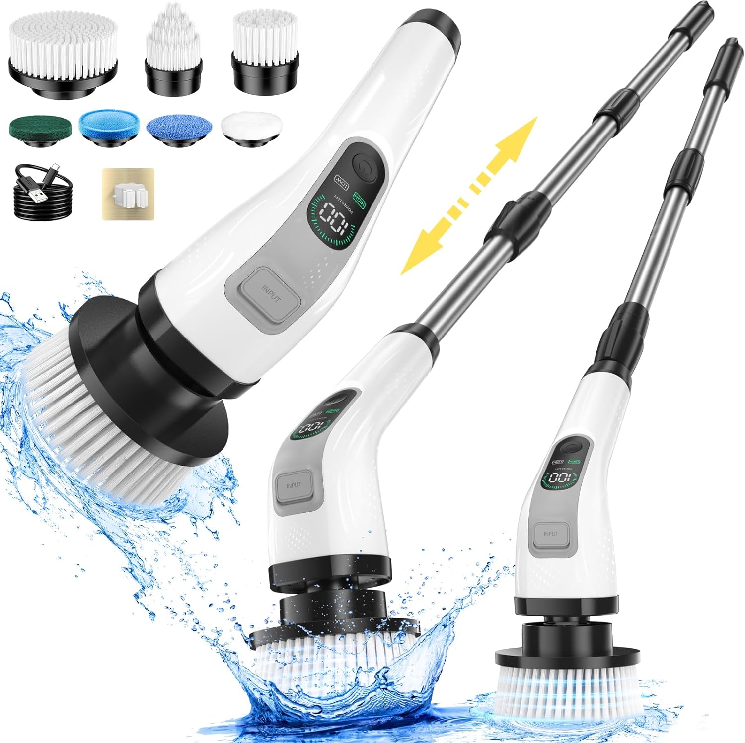 Electric Spin Scrubber, IPX7 Waterproof Power Shower Scrubber with Extension Handle, 7 Replaceable Brush Heads & 3 Hard Bristle Crevice Cleaning Brushes Cleaning Supplies for Bathroom Tub Tile Floor - Image 2