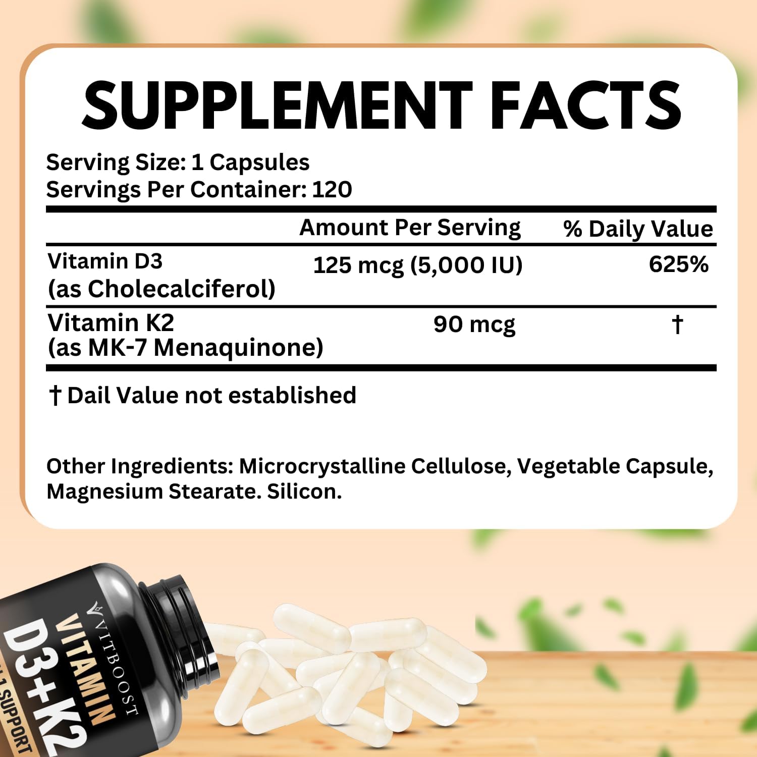 Vitamin D3 K2 Complex - Easy to Swallow - Vitamin D (D3) 5000 IU (125 mcg) & K2(MK-7) 90 mcg | Non-GMO | Gluten-Free | USA Made | 120 Capsules - Image 4