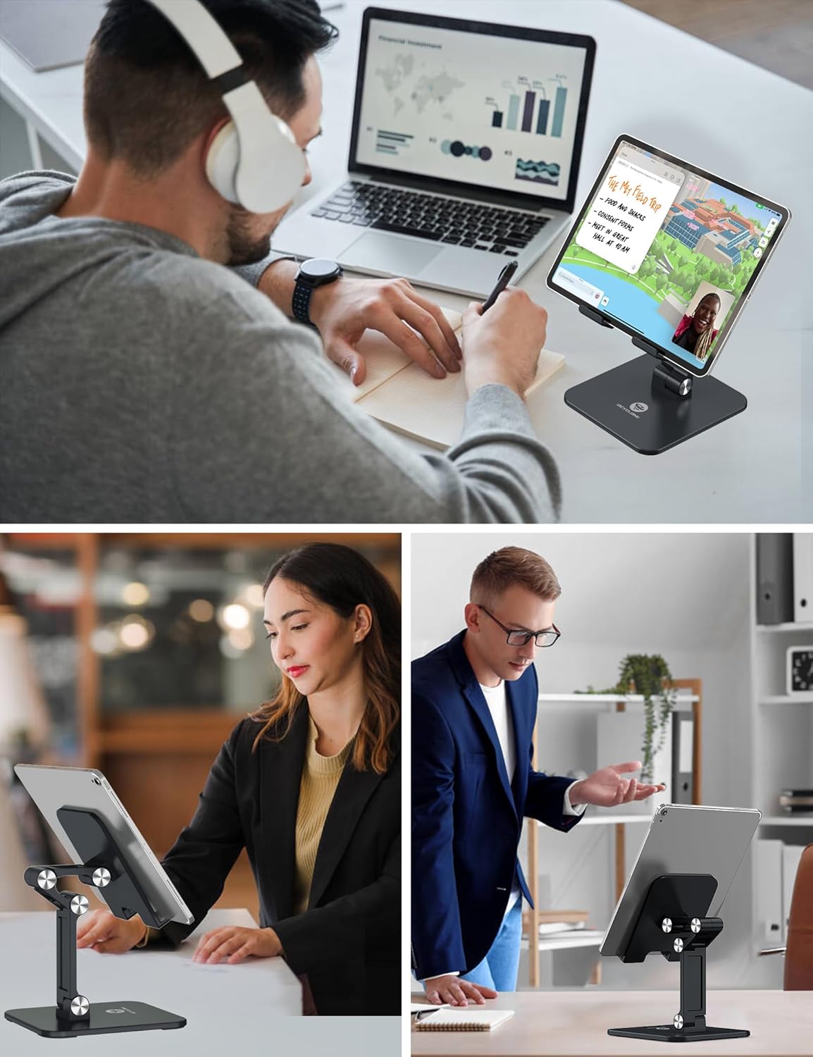 OCYCLONE Tablet Stand, iPad Stand Holder for Desk, Foldable iPad Pro Holder Portable Monitor Stand, Travel Home Office Desk Accessories Compatible with 4-15.6" Kindle iPad Tab iPhone - Black - Image 7