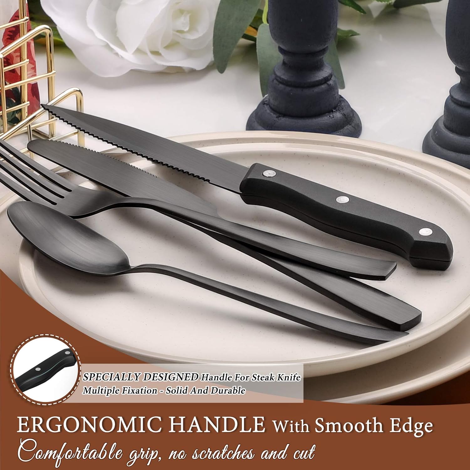 Hiware 24 Pieces Matte Black Silverware Set with Steak Knives for 4, Stainless Steel Flatware Utensils Set, Hand Wash Recommended - Image 6