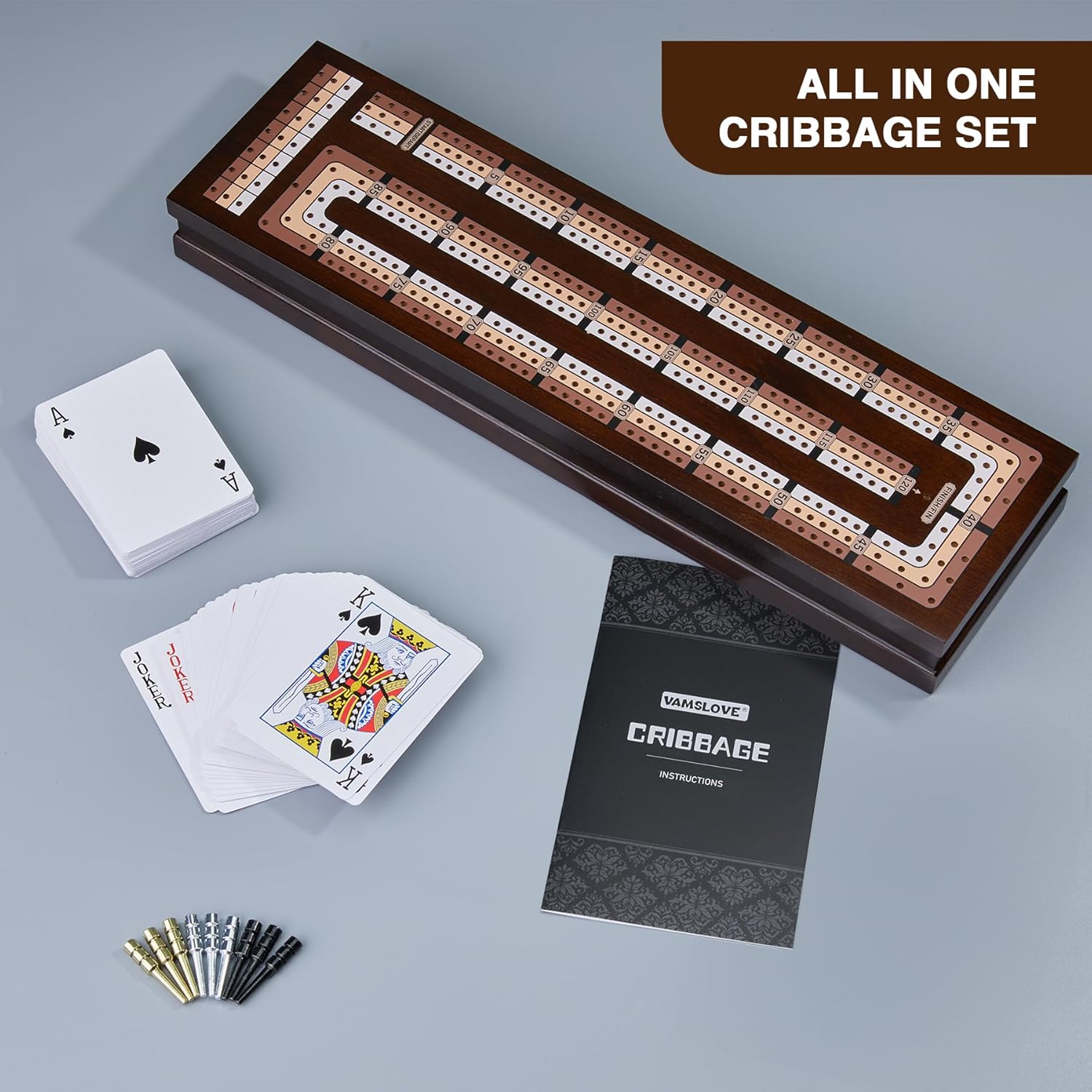 VAMSLOVE Wooden Cribbage Board Game Magnetic 3-Track Scoreboard with Large Slots for Storing 2 Playing Cards and 9 Metal Pegs, Travel Family Game Night (Instruction Included - Image 6