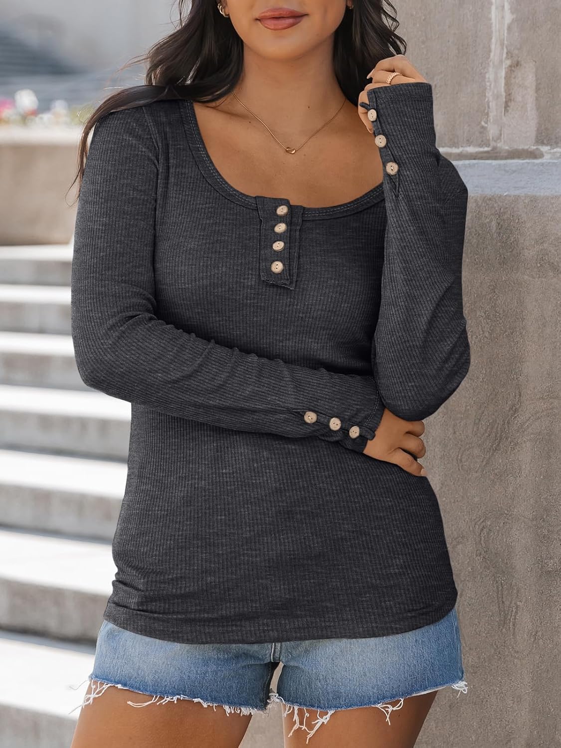Kissfix Womens Long Sleeve Shirts Going Out Fall Clothes Casual Henley Tops Ribbed Knit Blouses Fashion Trendy Outfits - Image 3