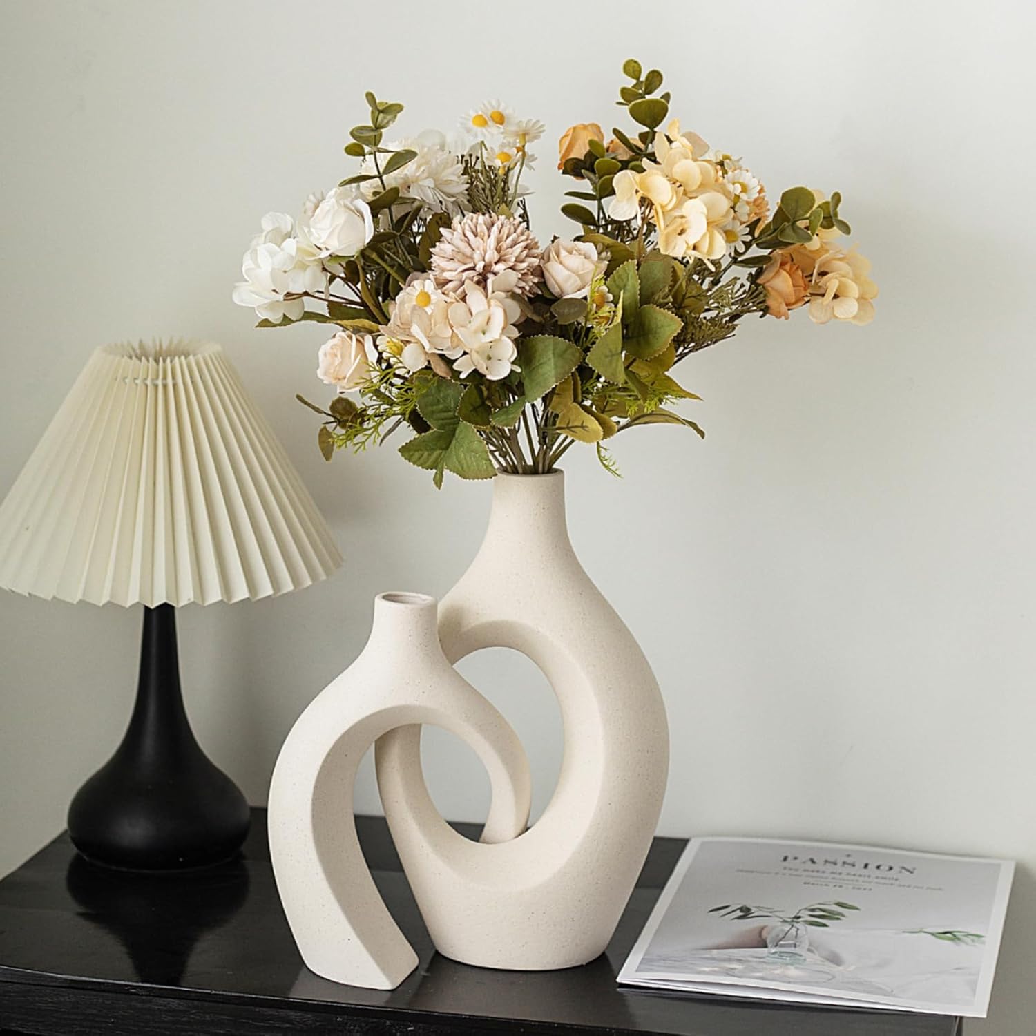XL Cream White Snuggle Hollow Ceramic Vase of 2 for Coffee Table Decor, Modern Minimalist Aesthetic Donut Floral Vases, for Home Living Room Entryway Table Shelves Decorative (W 6.8" X H 11") - Image 5