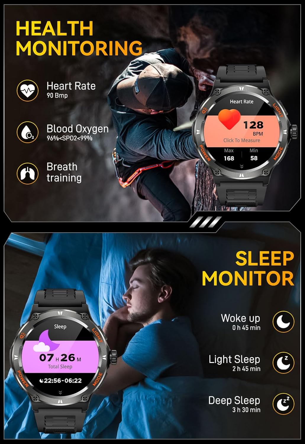 Military Smart Watch for Men with LED Flashlight 500mAh Big Battery Tactical Smartwatch 1.53” Big Screen Rugged Smart Watch 3ATM Waterproof Fitness Tracker with Heart Rate Monitor for iPhone Android - Image 8