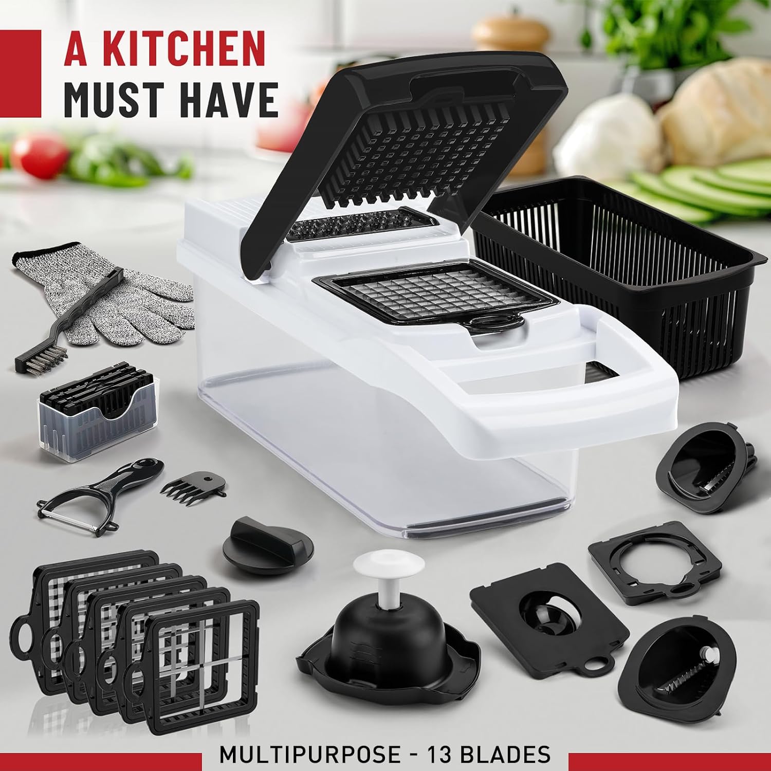 25-in-1 Vegetable Chopper & Mandoline Slicer – Food Chopper with Container & Veggie Spiralizer – Vegetable Cutter, Dicer, and Slicer for Salad, Onion, Potato, and Tomato – Kitchen Gadget – 13 Blades - Image 7