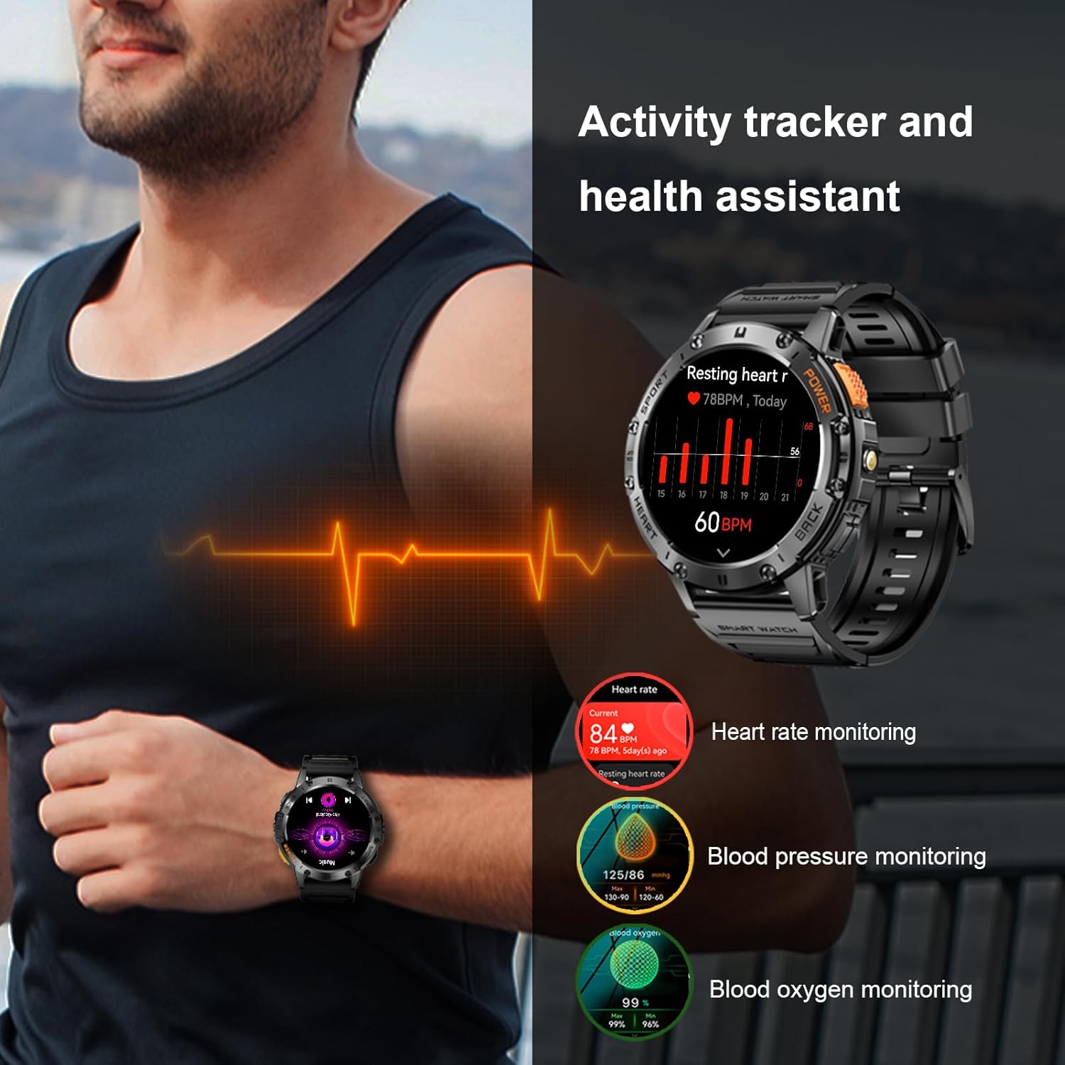 Military Smart Watches for Men with Flashlight, 170+ Sport Modes 1.43" AMOLED Screen, 530mAh Answer/Make Calls, Bluetooth for Android Phones and iPhone Compatible Heart Rate/SpO2/Sleep (Black) - Image 5