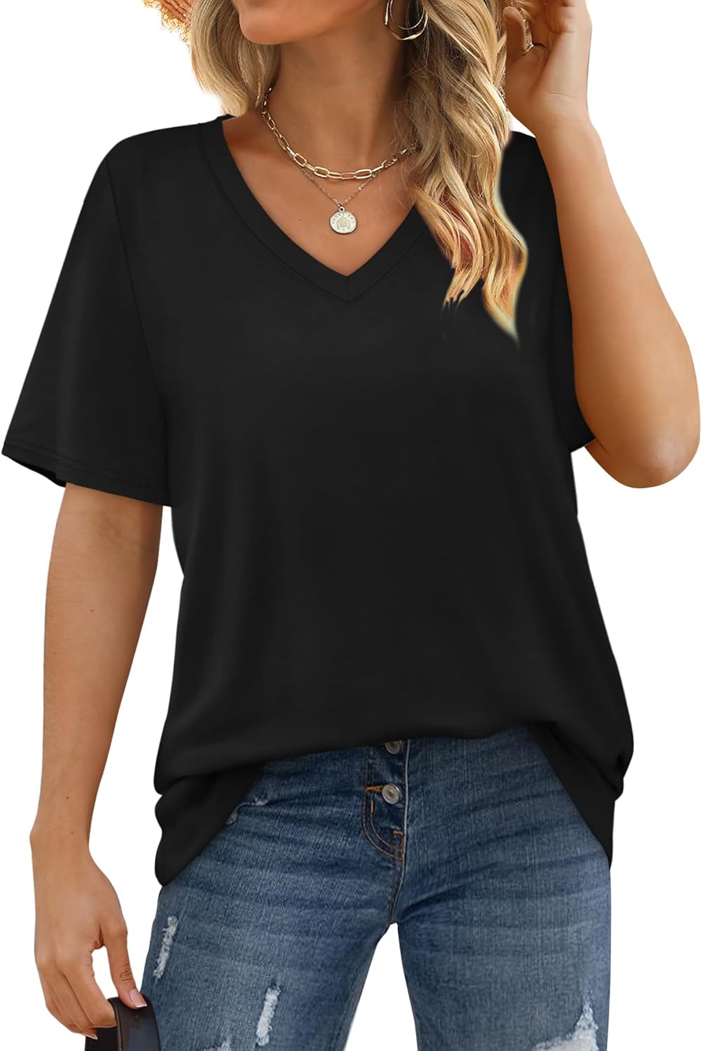Aokosor Womens T Shirts V Neck Short Sleeve Casual Loose Tees Summer Tops 2025 Trending Now - Image 4