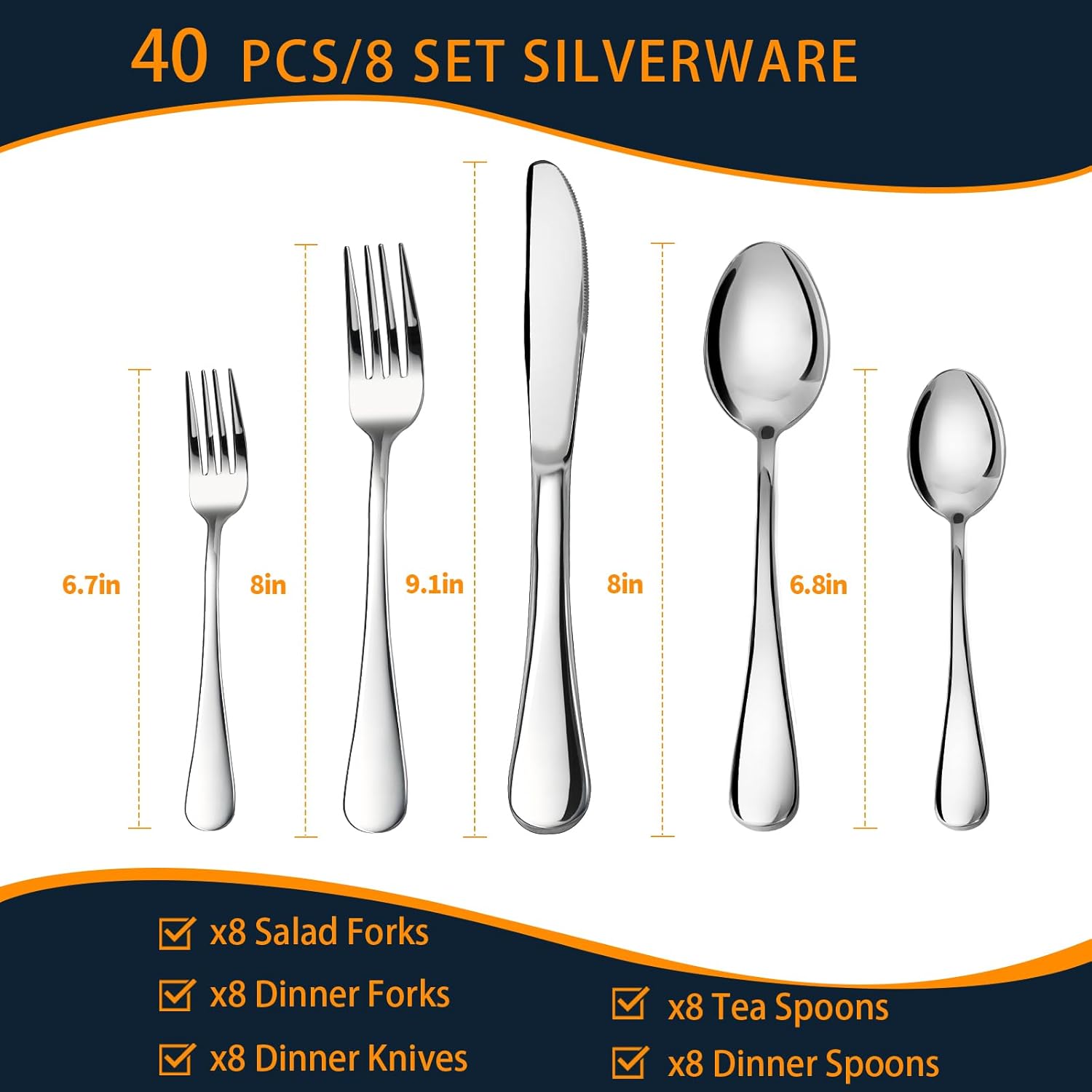Silverware Set, 40 Piece Stainless Steel Cutlery Sets for 8, Heavy Duty Flatware, Mirror Polished Forks Spoons and Knives Set, Reusable Utensils for Home Kitchen, Dishwasher Safe - Image 6