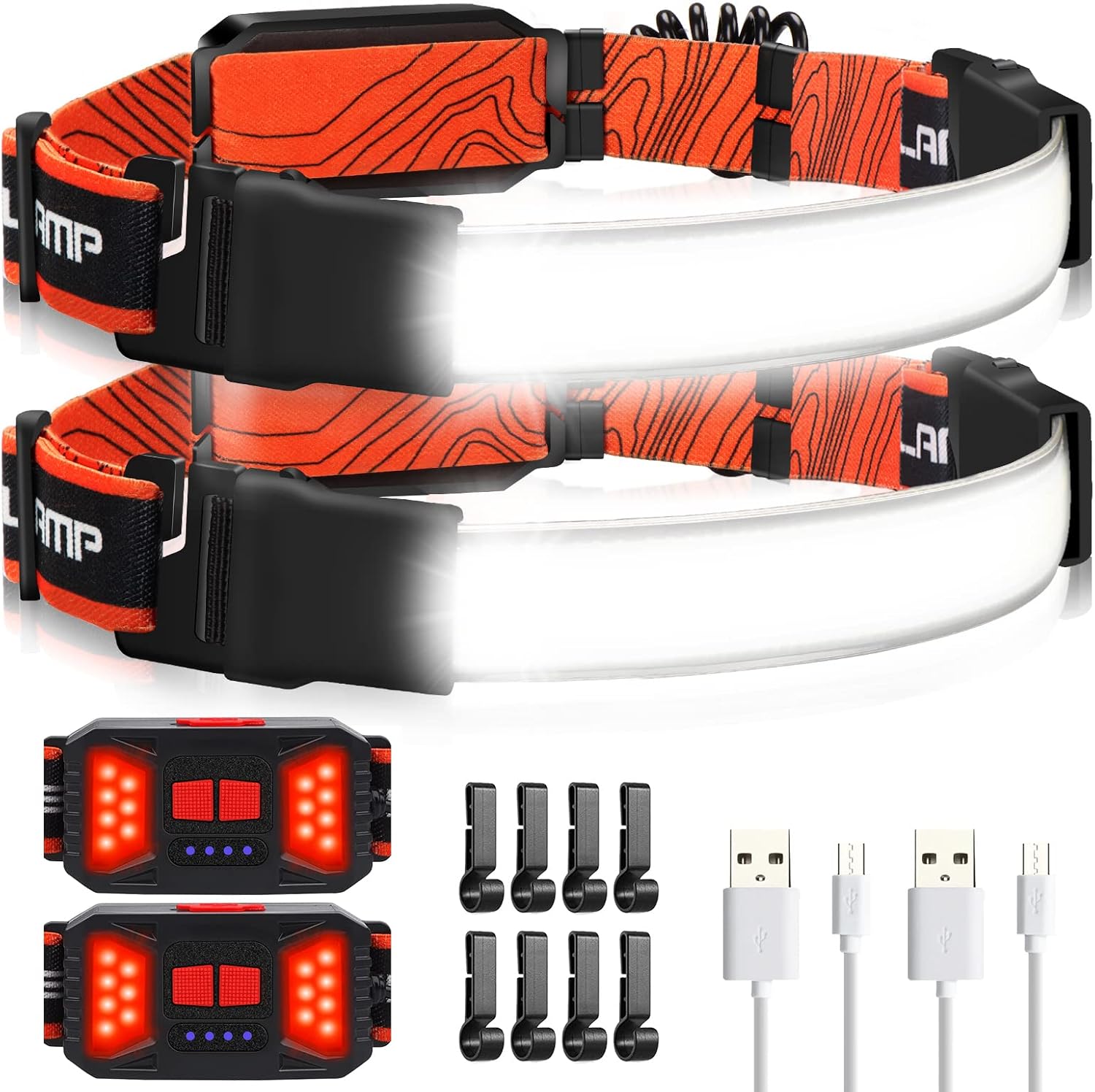 Adelante LED Headlamp Flashlight, 1000LM 230°Wide-Beam USB Rechargeable Head Light with Taillight(Individual Control) & 8 Clips Waterproof Headlight Headlamps for Running and Camping(2 Pack) - Image 2