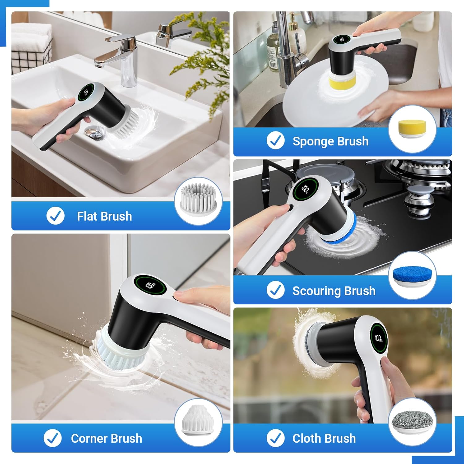 Electric Spin Scrubber, Cordless Shower Scrubber with Battery Level Display, 2 Speeds Electric Scrubber for Cleaning with 6 Replaceable Heads, Electric Cleaning Brush for Bathroom/Sink/Window - Image 4
