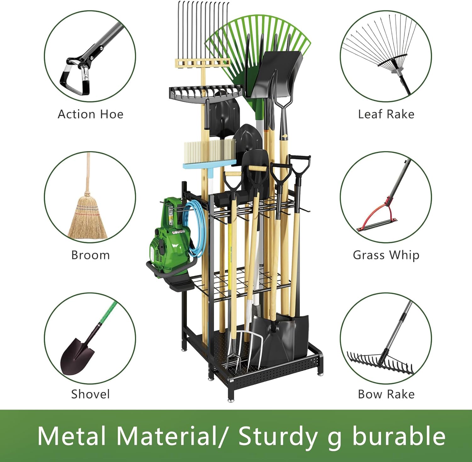 GILLAS Garden Tool Organizer for Garage, Utility Storage Racks with Hooks, Metal Yard Tool Stand Holder Organizer for Long-Handled, Broom, Shovel, Rake, Sturdy Heavy Rack for Outdoor, Yard, Black - Image 5