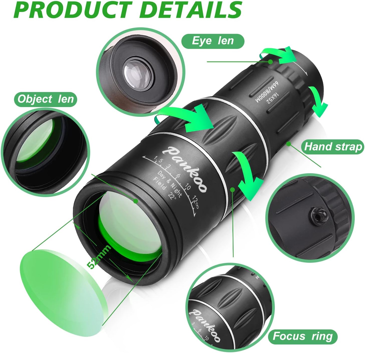 16X52 Monocular Telescope High Powered for Adults, 2023 Power Prism Compact Monoculars for Adults,HD Monocular Scope for Gifts, Outdoor Activity,Bird Watching,Hiking,Concert,Travelling - Image 3