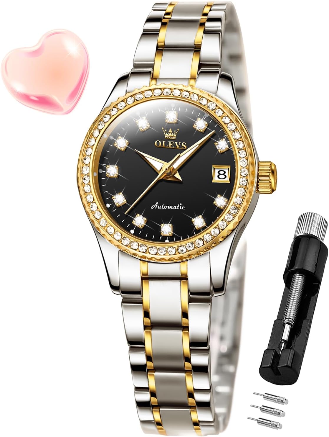 OLEVS Womens Automatic Watch Diamond Fashion Luxury Dress Mechanical Self Winding Stainless Steel Ladies Wrist Watches for Women Luminous Waterproof - Image 2