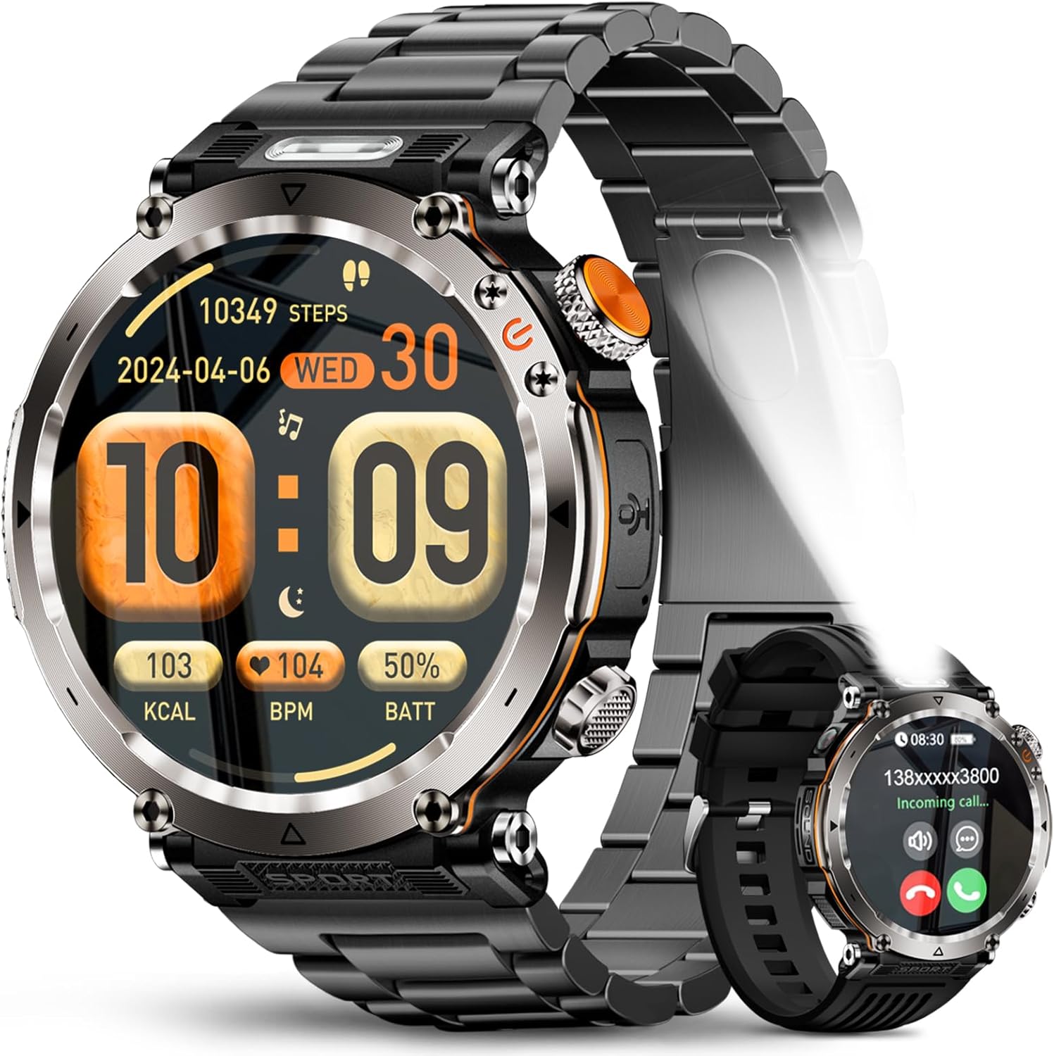 Military Smart Watches for Men, Smartwatch Sport LED Flashlight Outdoor Compass Bluetooth Answer/Dial Call 1.7" Fitness Tracker 600 mAh Large Battery Two Straps for Android/iOS - Image 2