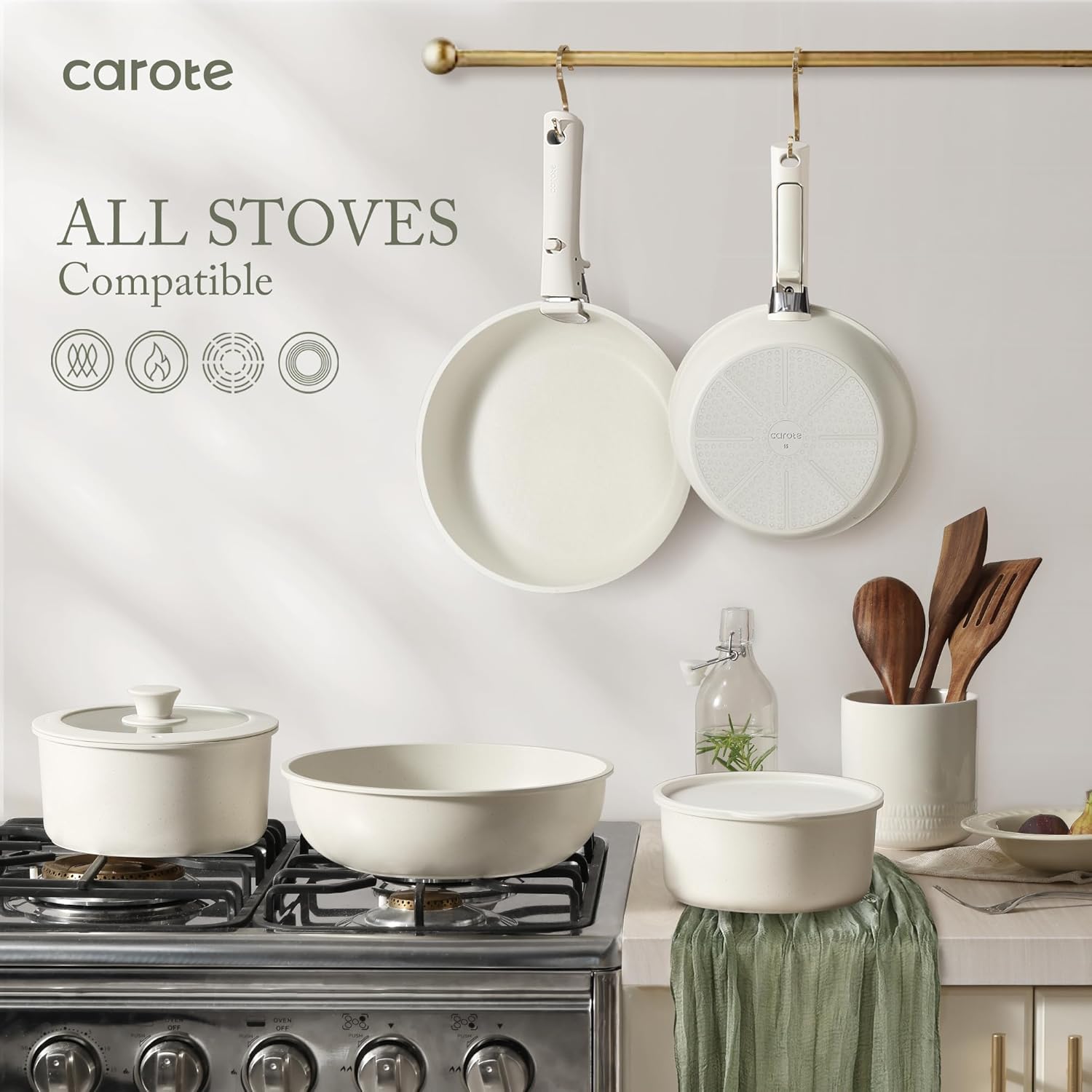 CAROTE 23pcs Pots and Pans Set Non Stick, Cookware Sets, Kitchen Set, Oven/Dishwasher/Fridge Safe, Space Saving Pots Set, Nonstick Set with Versatile Detachable Handle, Induction RV Set, Cream - Image 5