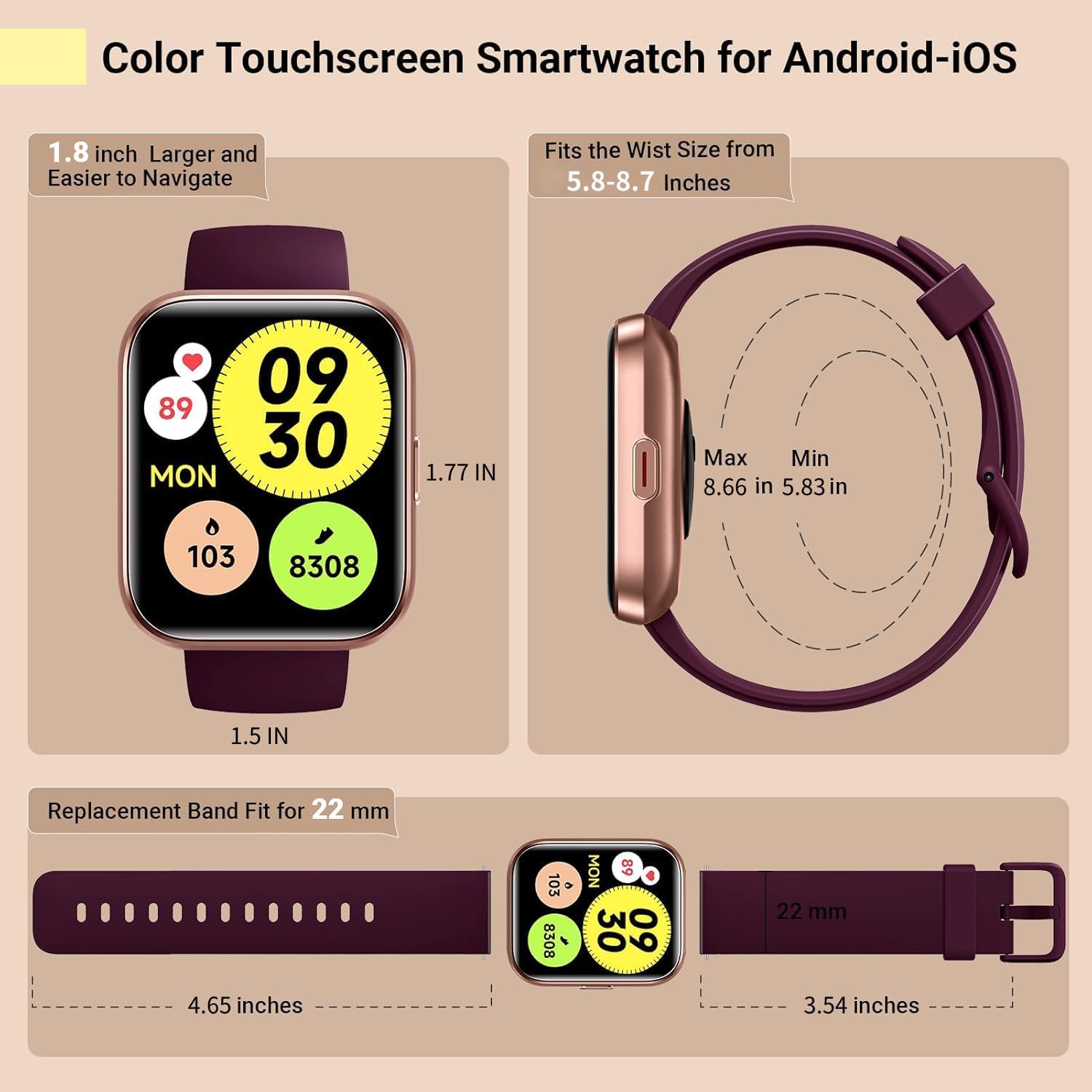 Smartwatch for Women, Compatible with Android & iPhone, 1.8'' Fitness Tracker Watch with Alexa, Call & Notification Alerts, Heart Rate & Sleep Monitor, 120 Sports Modes, Waterproof Watch for Women - Image 9