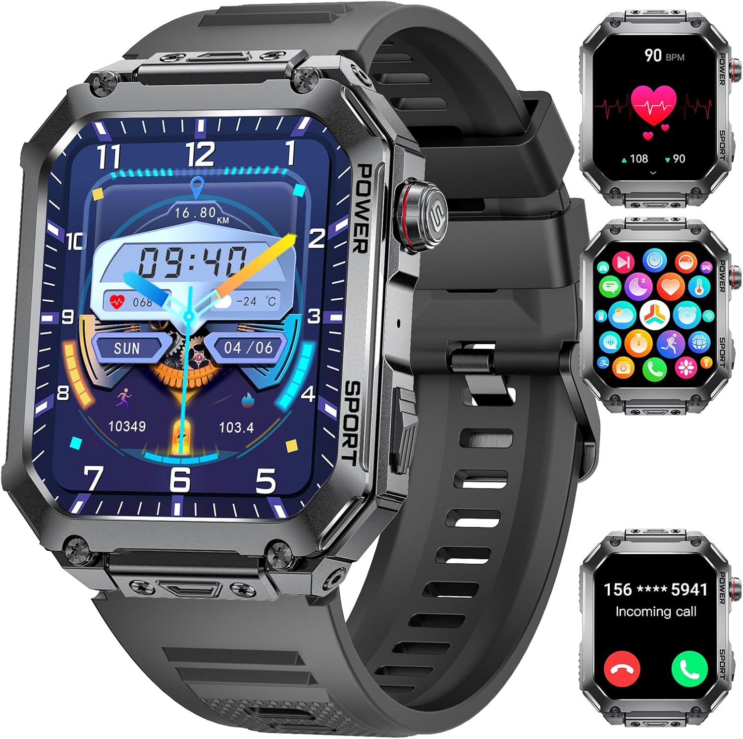 SUNKTA Military Smart Watch for Men with Answer/Make Calls,1.96'' HD Touchscreen,100+ Sports Modes Fitness Watch with Sleep Monitor/Blood Pressure/Heart Rate IP68 Waterproof Rugged Smartwatch Black - Image 2