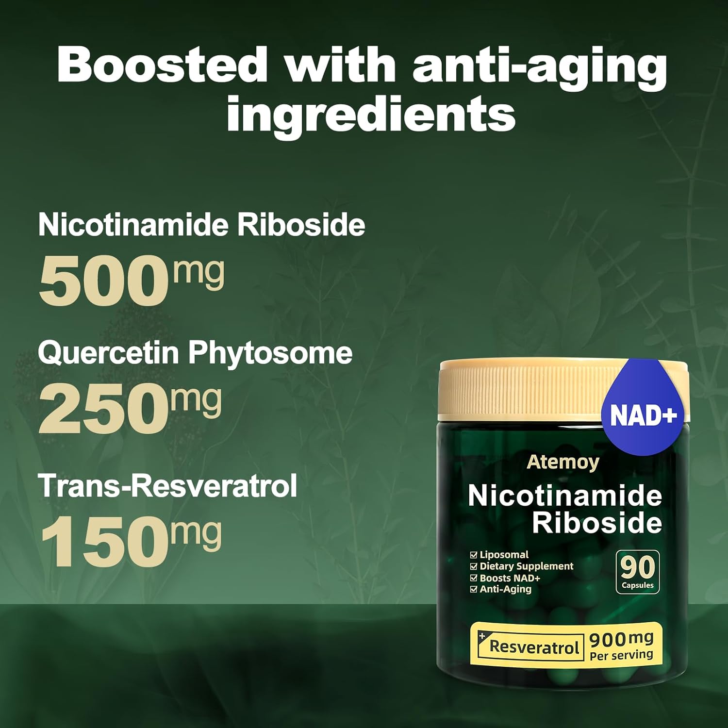 NAD Supplement - NAD Nicotinamide Riboside Resveratrol 900mg, Liposomal Nicotinamide Riboside 900 - High Purity NAD+ Supplement with Quercetin for Energy, Focus - 90 Capsules - Image 6