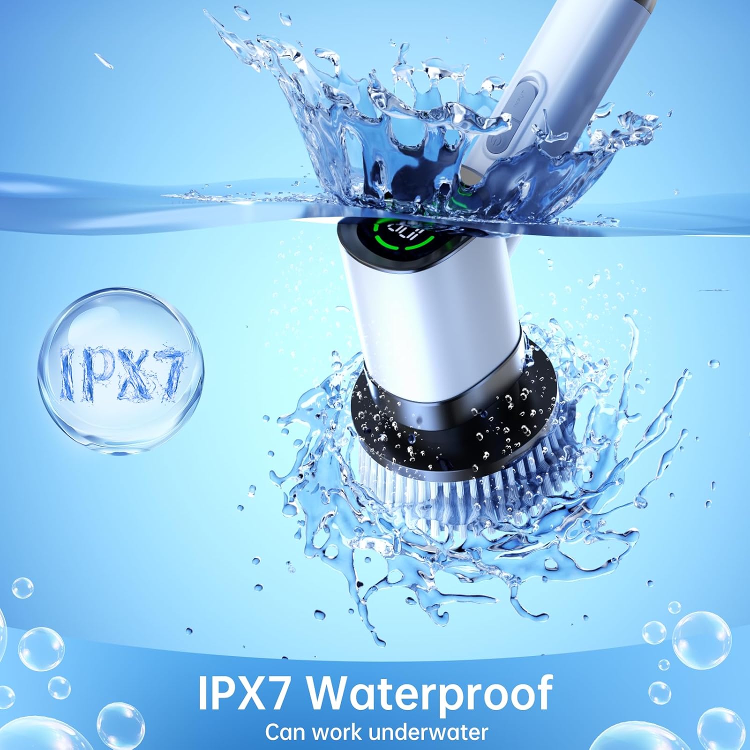 Electric Spin Scrubber, IPX7 Waterproof Cordless Power Shower Scrubber with Extension Handle, 7 Replaceable Brush Head&3 Bristle Crevice Brushes, 2 Speeds Power Scrubber for Bathroom, Kitchen Cleaning - Image 5
