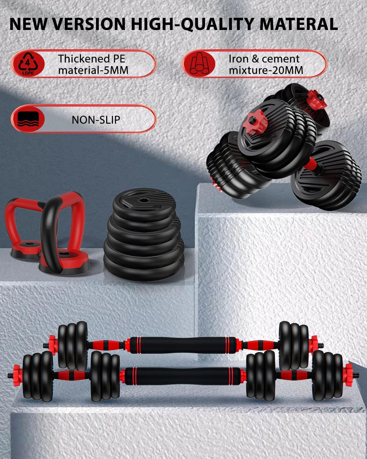 Adjustable Dumbbells, 10/25/35/55/70/90lbs Free Weight Set with Connector, 4 in1 Dumbbells Set Used as Barbell, Kettlebells, Push up Stand, Fitness Exercises for Home Gym Suitable Men/Women - Image 10