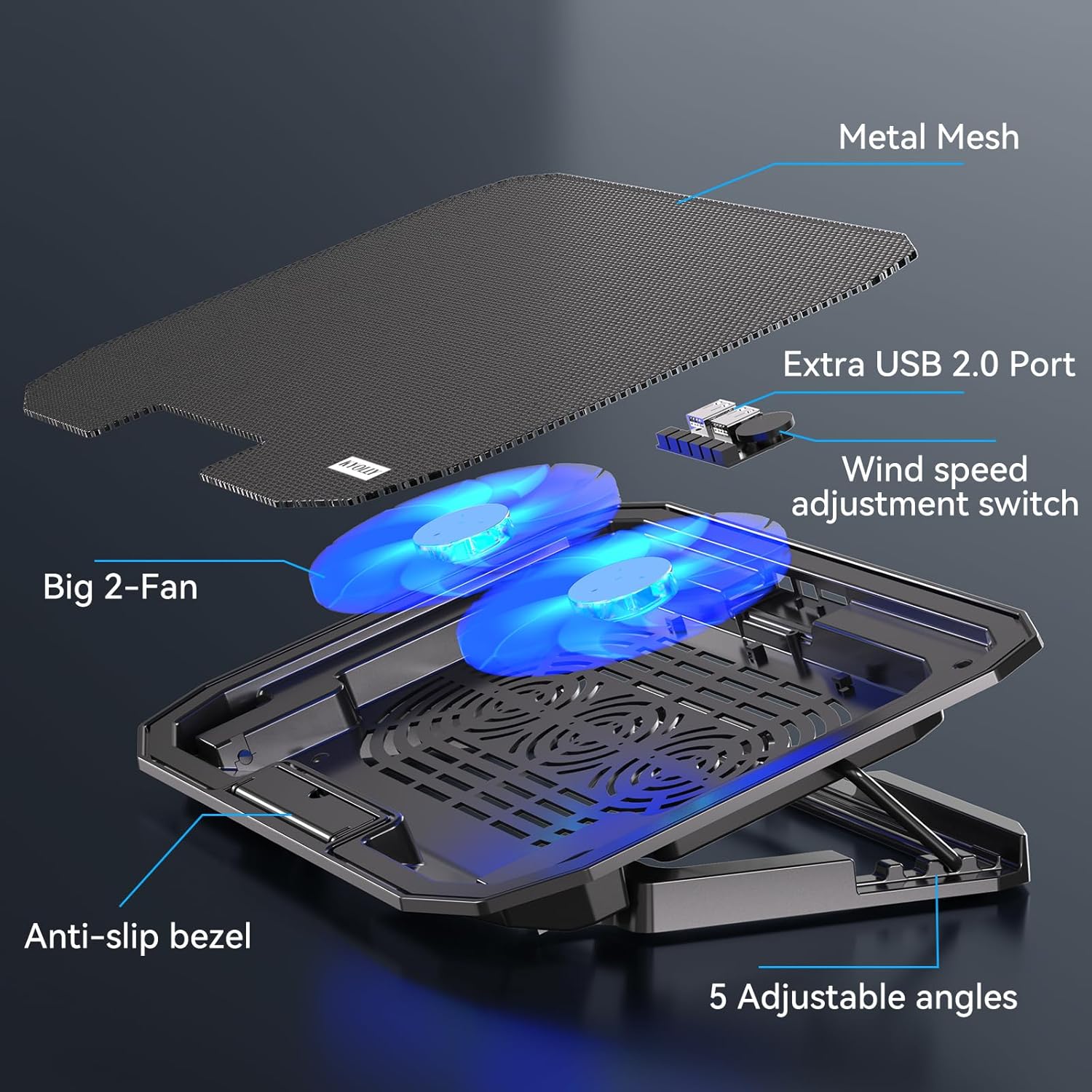 Ultra Slim Laptop Cooling Pad for 10-15.6 Inch Laptops, Portable Notebook Cooler with 2 Quiet Big Fans, Gaming Laptop Fan Wind Speed Adjustable, 5 Heights Adjustment, 2 USB Port - Image 3