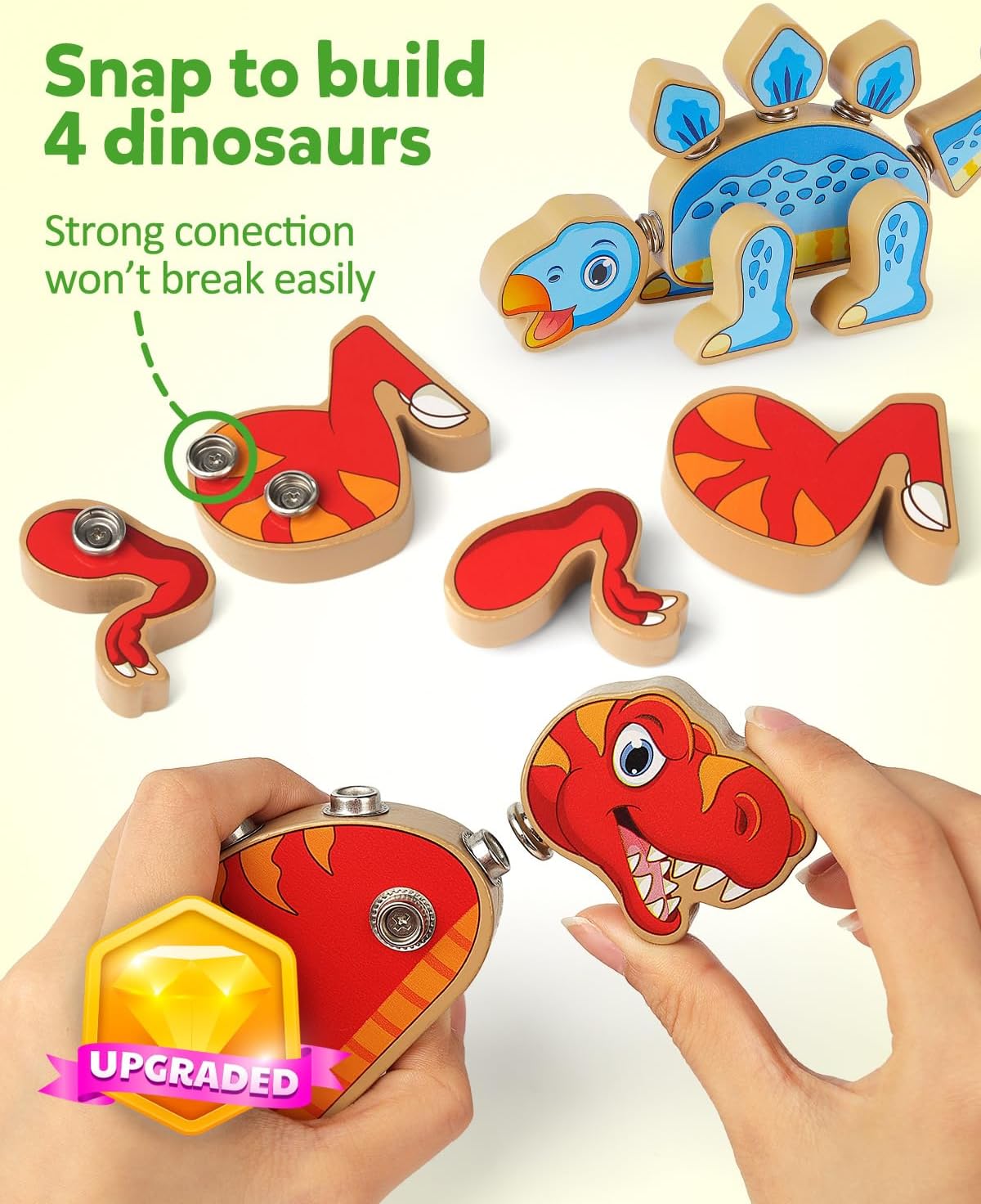 Coogam Dinosaur Snap Together Building Toys, Wooden Take Apart Dinosaur Playset, STEM Montessori Educational Fine Motor Skill Toy Gift for 3 4 5 Years Old Kids - Image 3
