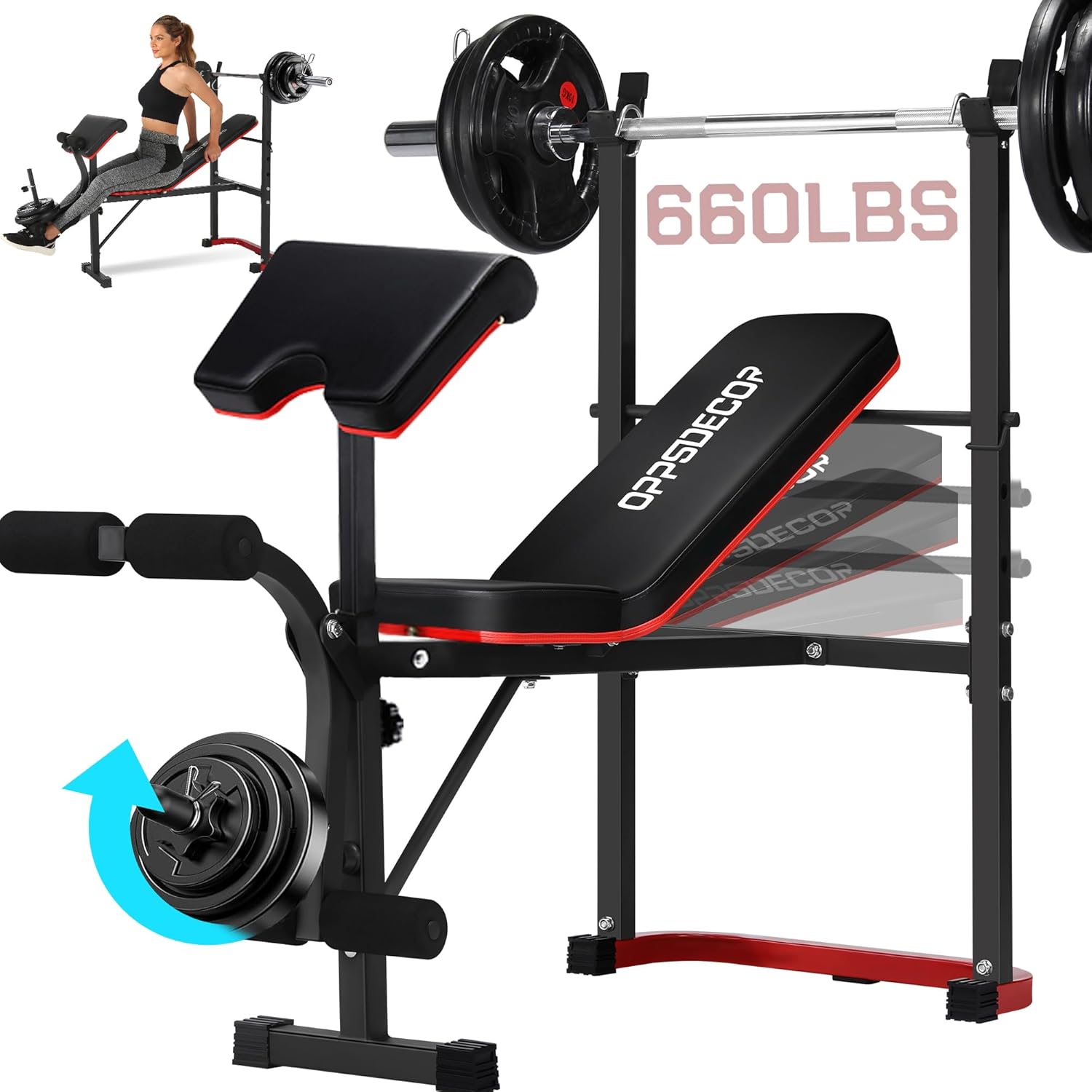 OPPSDECOR Standard Weight Bench Set for Leg Extension and Leg Curl, Adjustable Bench Press Squat Rack with Preacher Curl Pad, 660LBS Flat/Incline Workout Bench for Strength Training Home Gym - Image 2