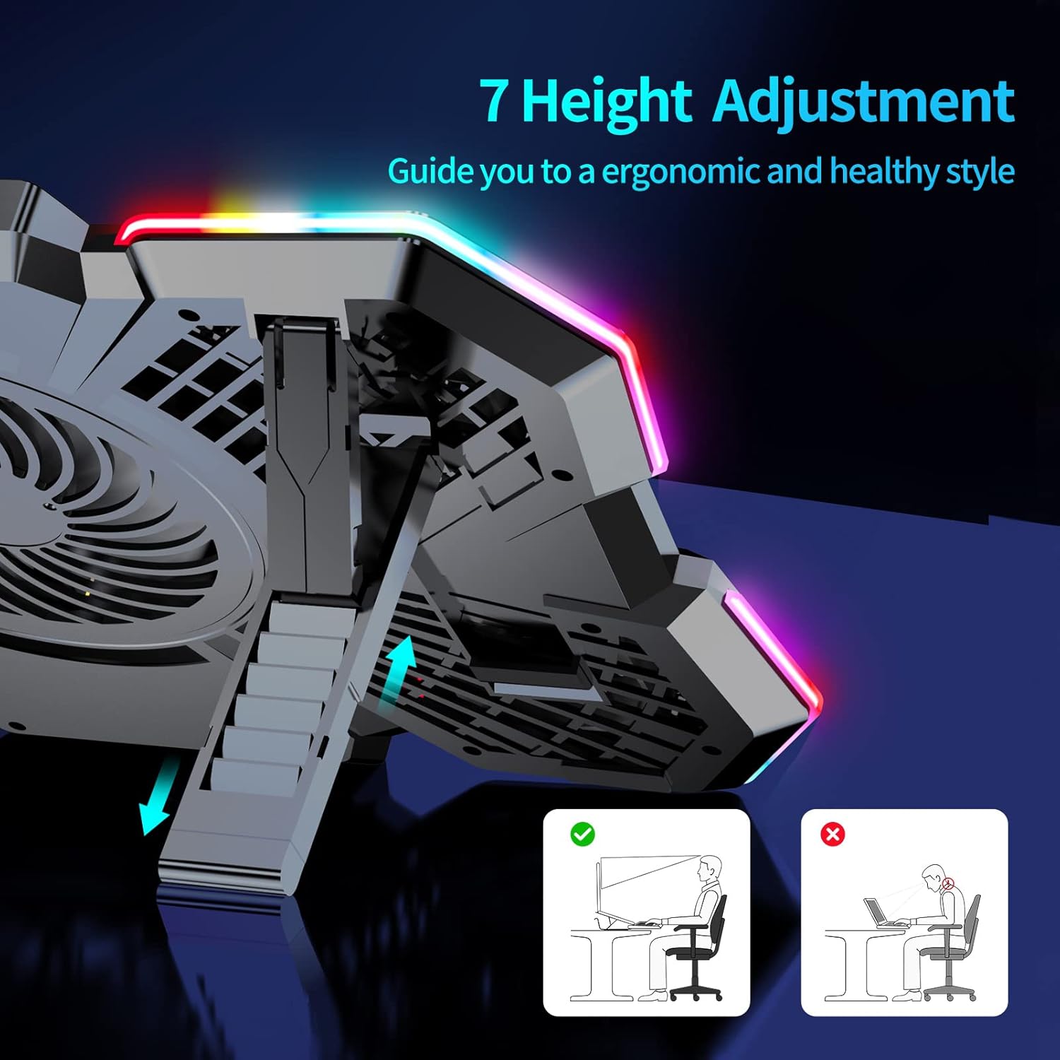 Laptop Cooling Pad, Gaming Laptop Cooler with 5 Quiet Fans and LED Lights (One-Click Close), Laptop Fan Cooling Pad Fits 12-17 Inch Laptop, 7 Adjustable Height - Image 3