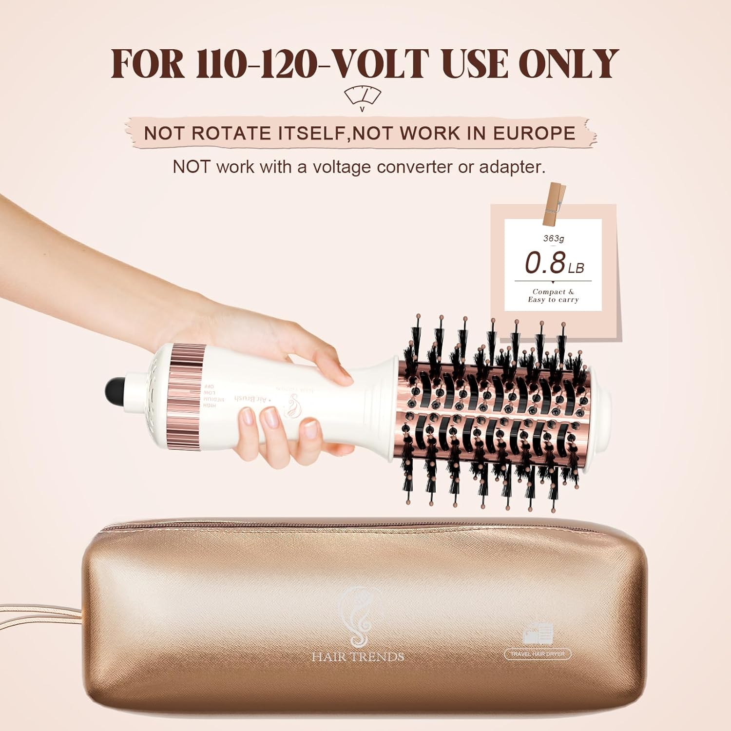 Travel Hair Dryer Brush, Nano Titanium 2 Inch One Step Hair Dryer & Styler Volumizer, Mini Oval Hot Air Brush, White and Rose Gold, HB004 - Image 3