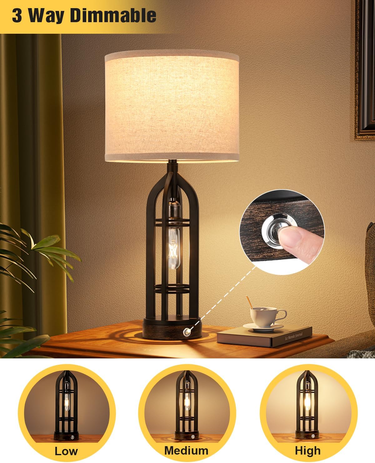 Seealle Table Lamps for Living Room Set of 2 - Bedside Lamp for Bedroom with USB C+A & Outlet, Farmhouse Lamps for Night Stands, 3-Way Dimmable Touch Lamps for Living Room - Image 3